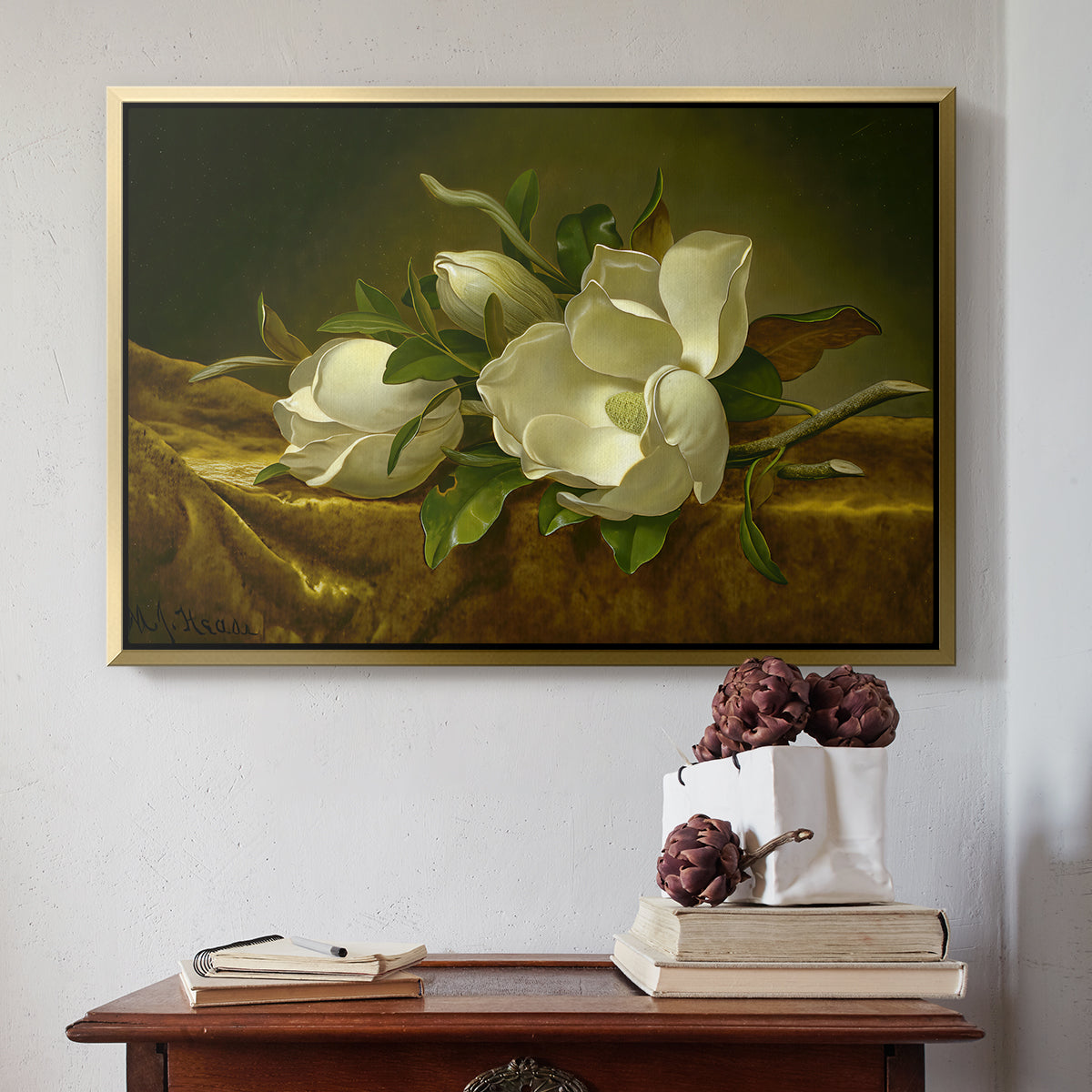 Magnolias on Gold Velvet Cloth, c. 1888-1890 - Floater Framed Canvas Print