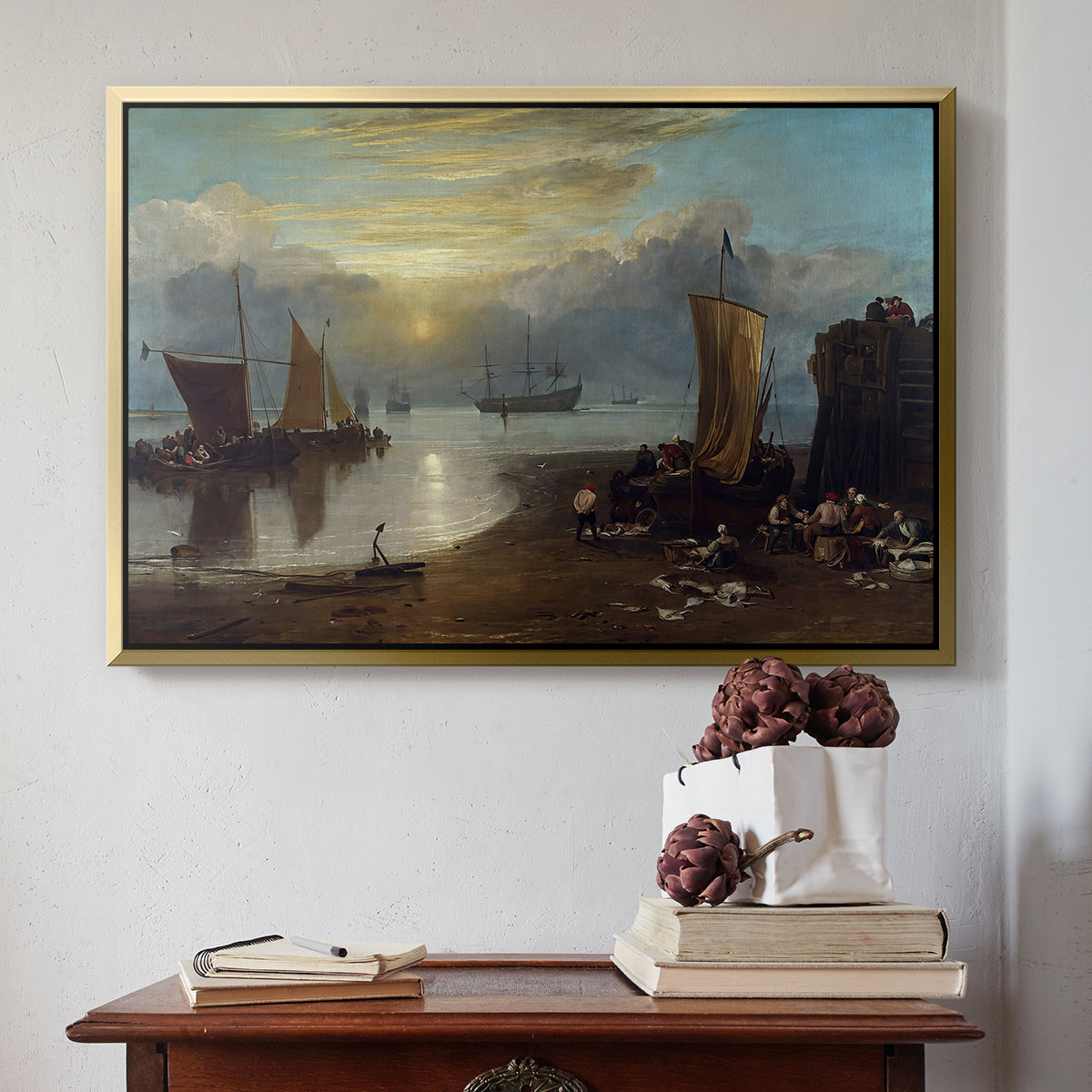 Sun Rising through Vapour: Fishermen Cleaning and Selling Fish, c. 1807 - Floater Framed Canvas Print