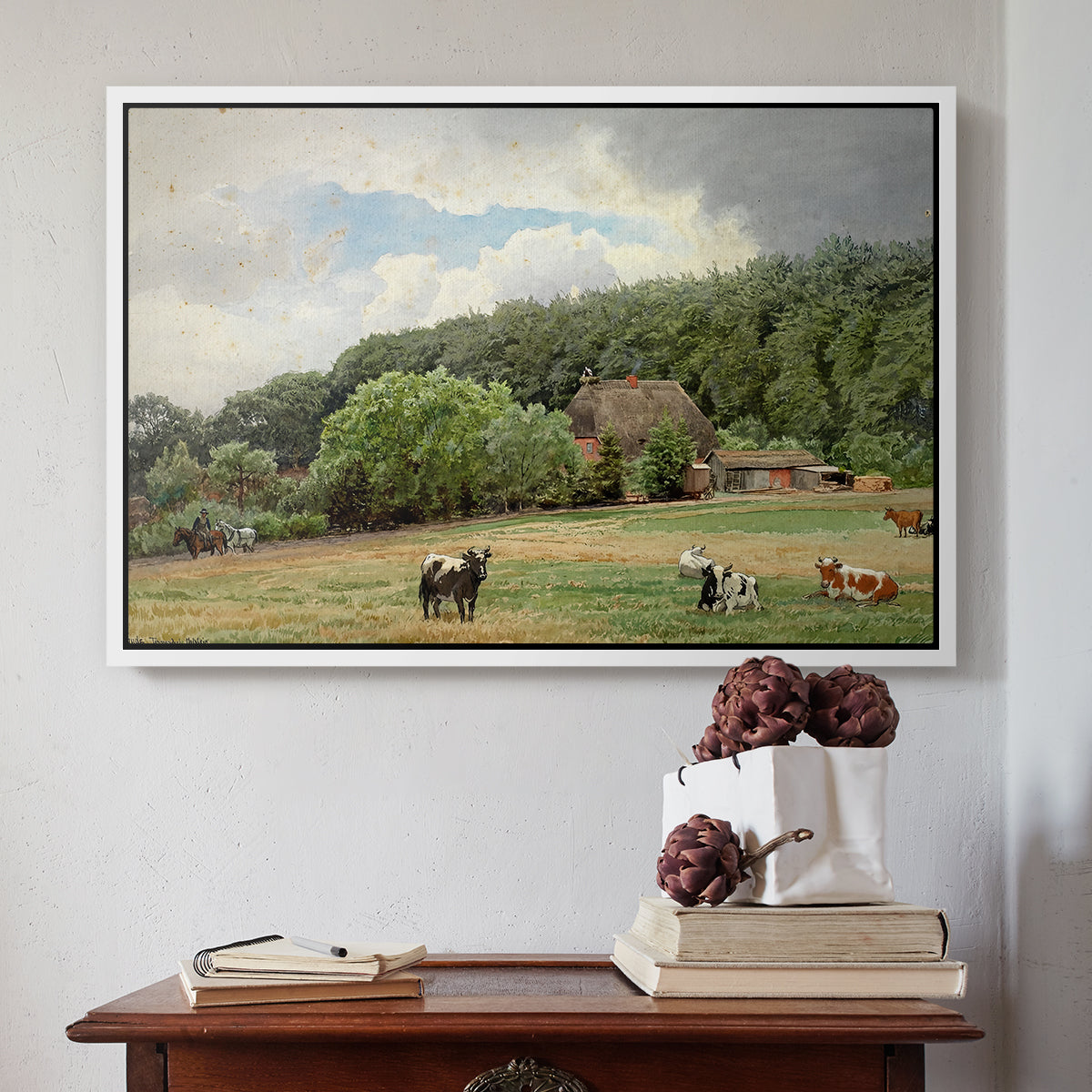 Farm with Grazing Cows (Bondegård med beitende kuer), 1892 - Floater Framed Canvas Print