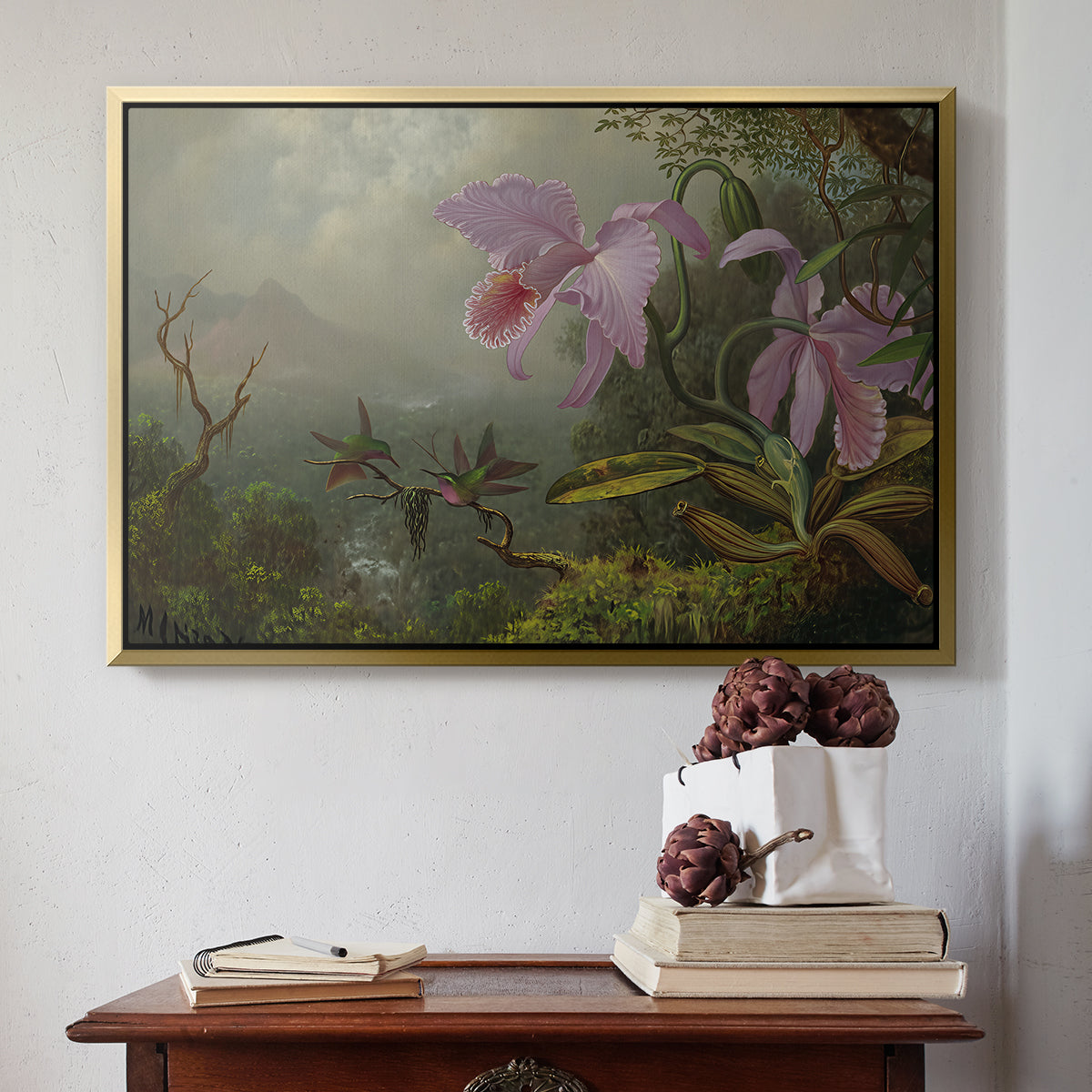 Two Sun Angel Hummingbirds on a Branch, c. 1890-1904 - Floater Framed Canvas Print