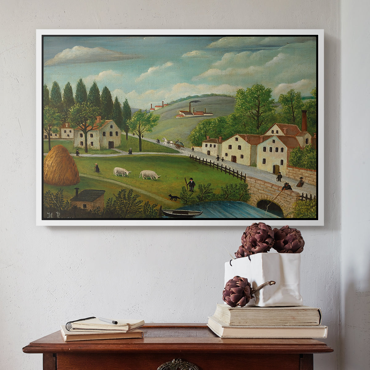 Pastoral Landscape with Stream, Fisherman and Strollers, 1875-1880 - Floater Framed Canvas Print
