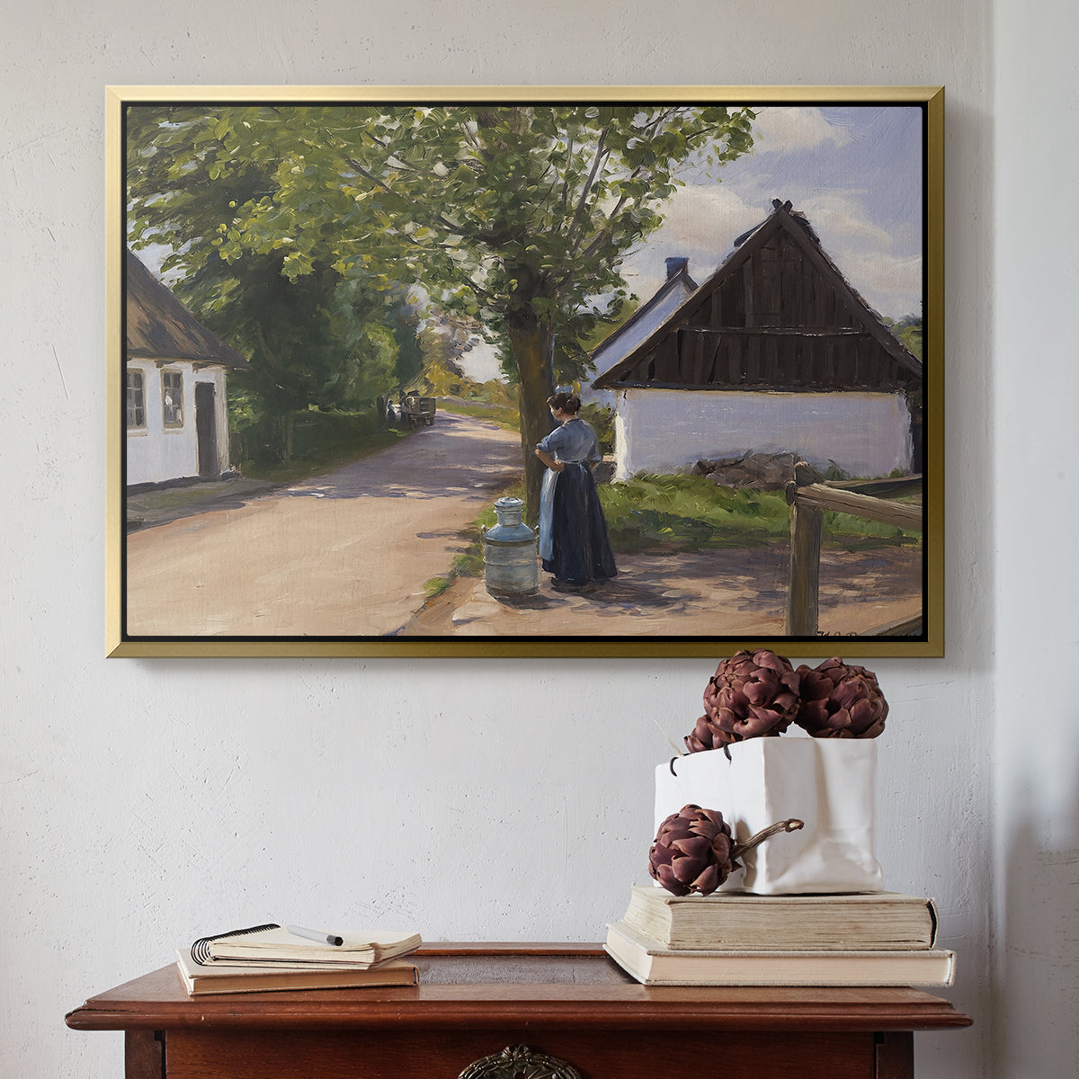 Danish Village Street with Woman and Milkman, 1880 - Floater Framed Canvas Print