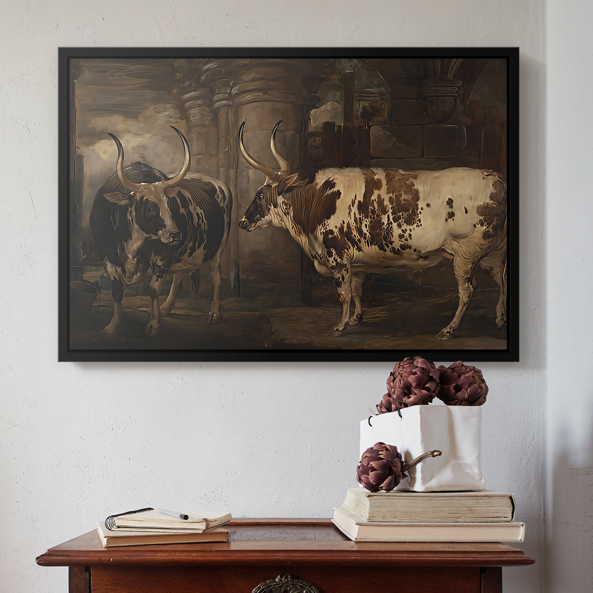 Portraits of Two Extraordinary Oxen, Property of the Earl of Powis, 1814 - Floater Framed Canvas Print