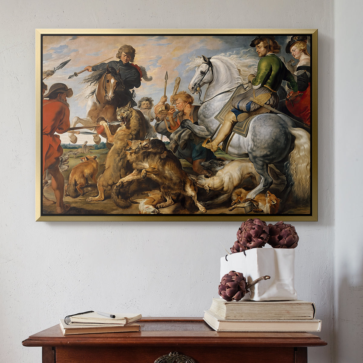 The Wolf and Fox Hunt, c. 1616 - Floater Framed Canvas Print