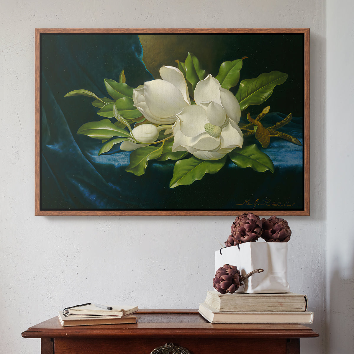 Giant Magnolias on a Blue Velvet Cloth, c. 1890 - Floater Framed Canvas Print