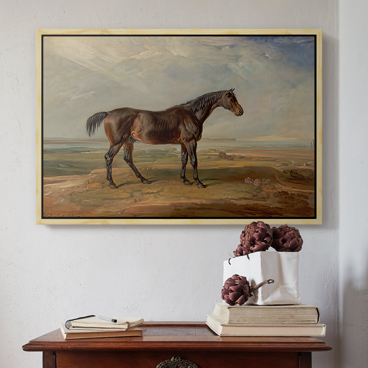 Dr. Syntax, a Bay Racehorse, Standing in a Coastal Landscape, an Estuary Beyond, c. 1820 - Floater Framed Canvas Print
