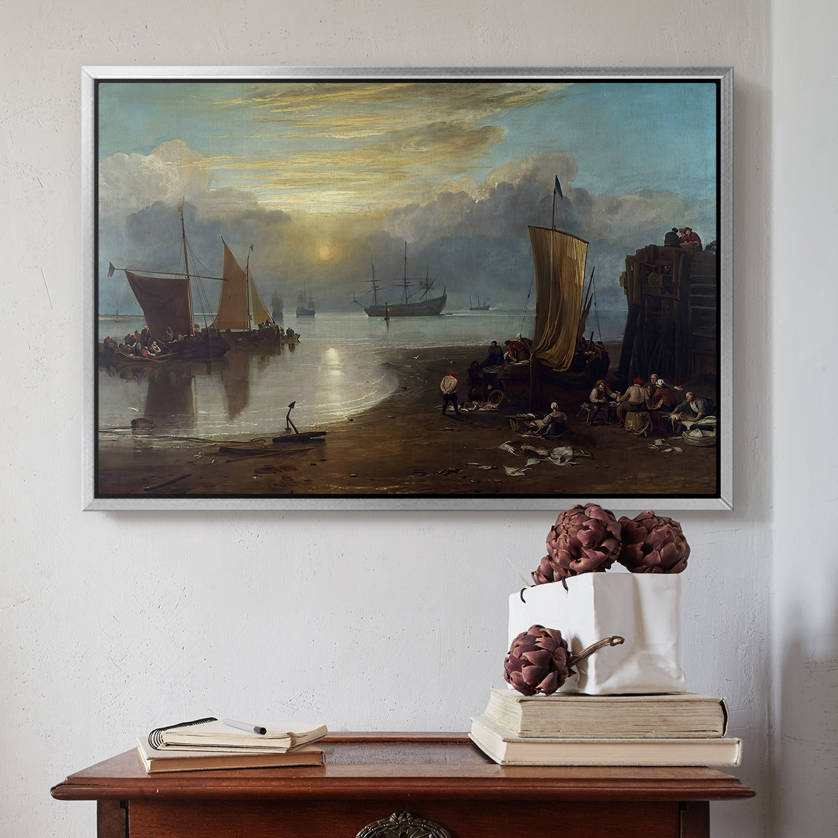 Sun Rising through Vapour: Fishermen Cleaning and Selling Fish, c. 1807 - Floater Framed Canvas Print
