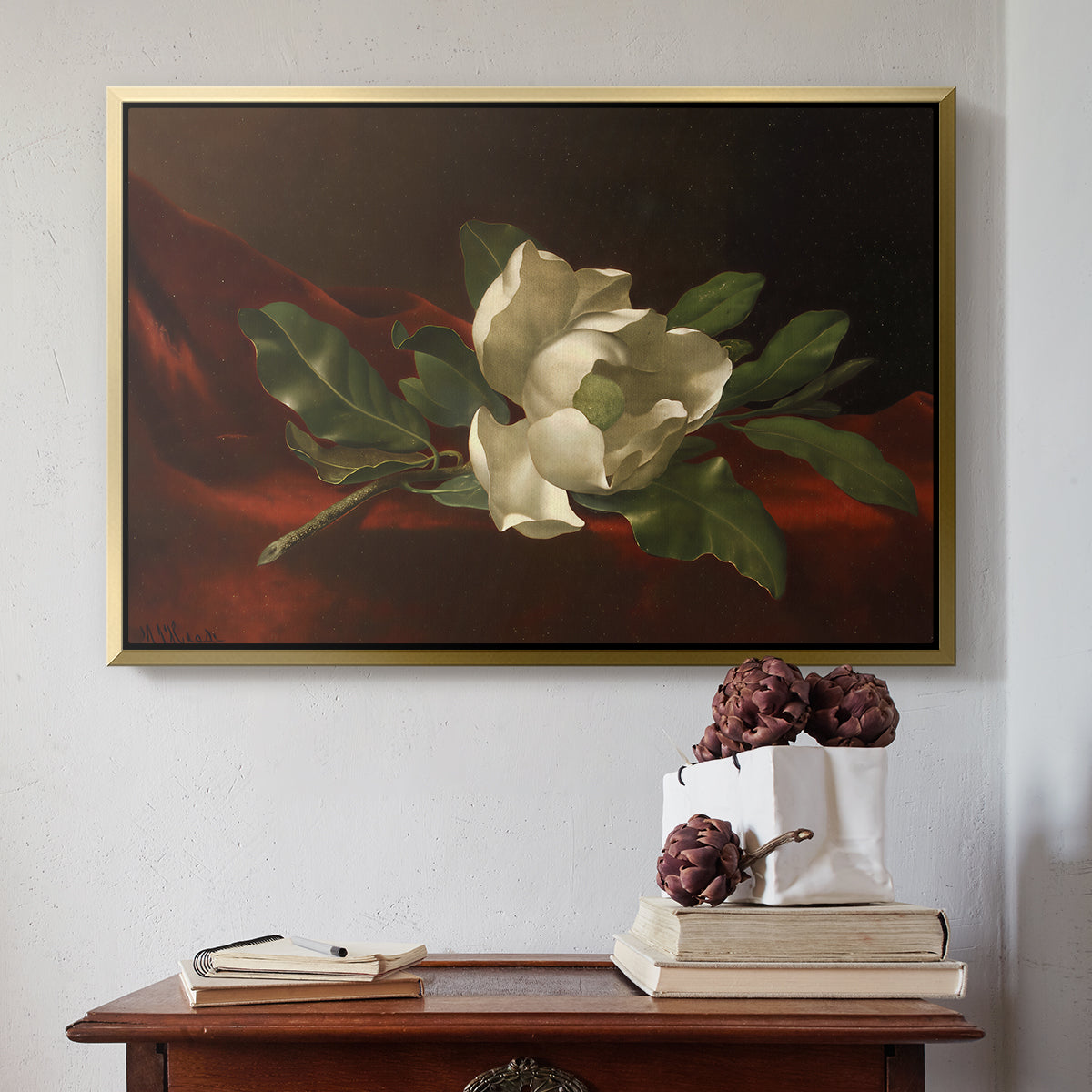Magnolia on Red Velvet, c. 1885-1890 - Floater Framed Canvas Print