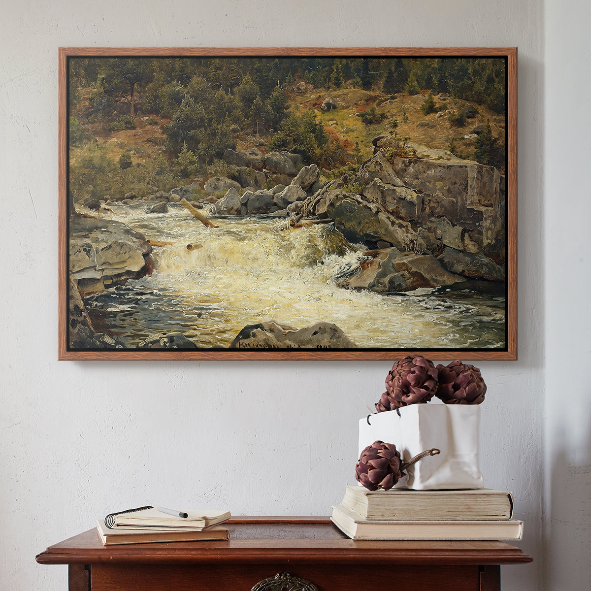 Waterfall in Hallingdal, 1848 - Floater Framed Canvas Print