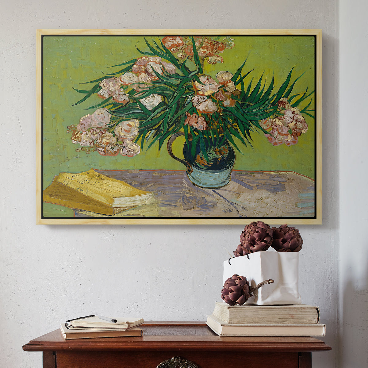 Vase with Oleanders and Books, 1888 - Floater Framed Canvas Print