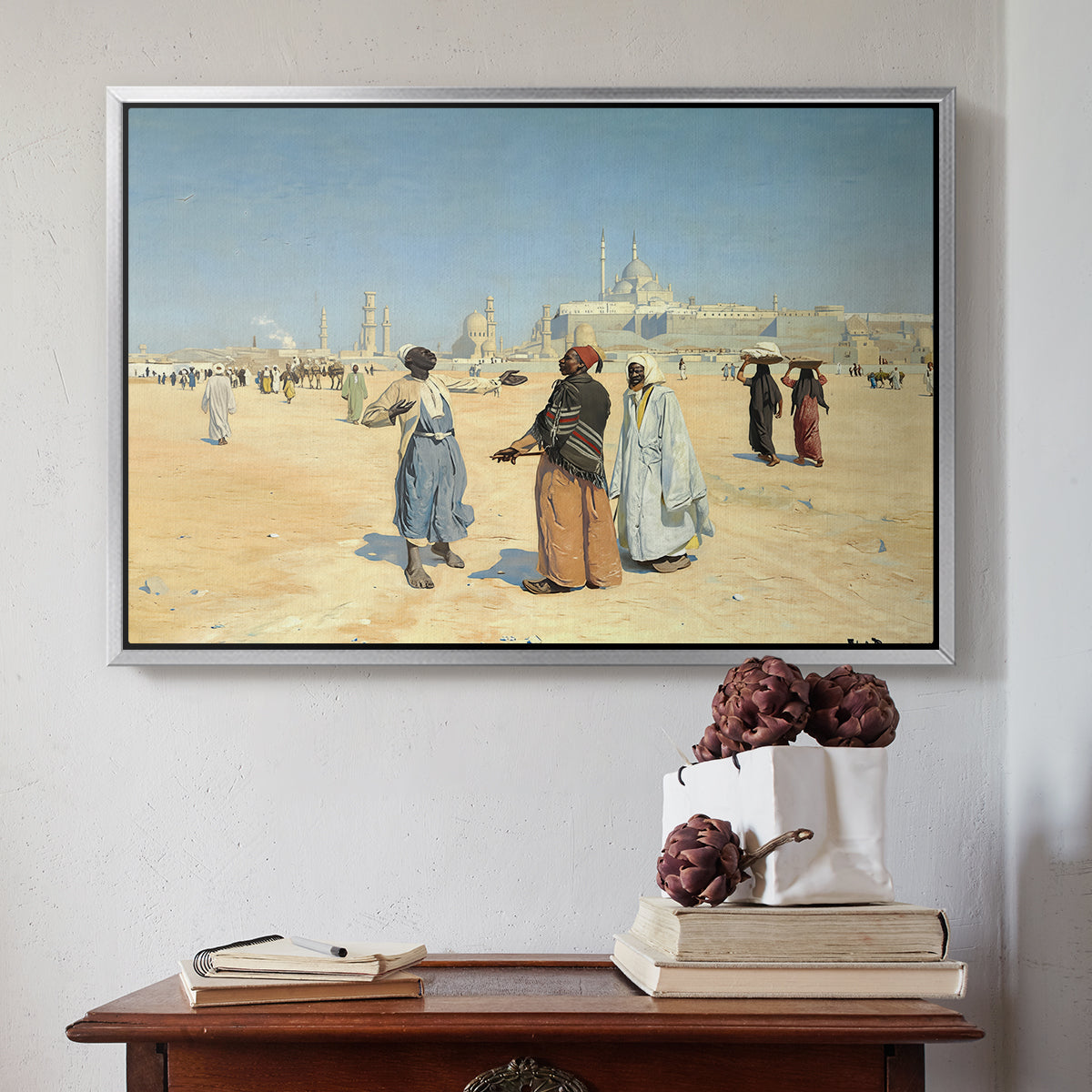 View from the Desert of Cairo with Citadel and Mamluk Tombs in the Background, c. 1889-1890 - Floater Framed Canvas Print