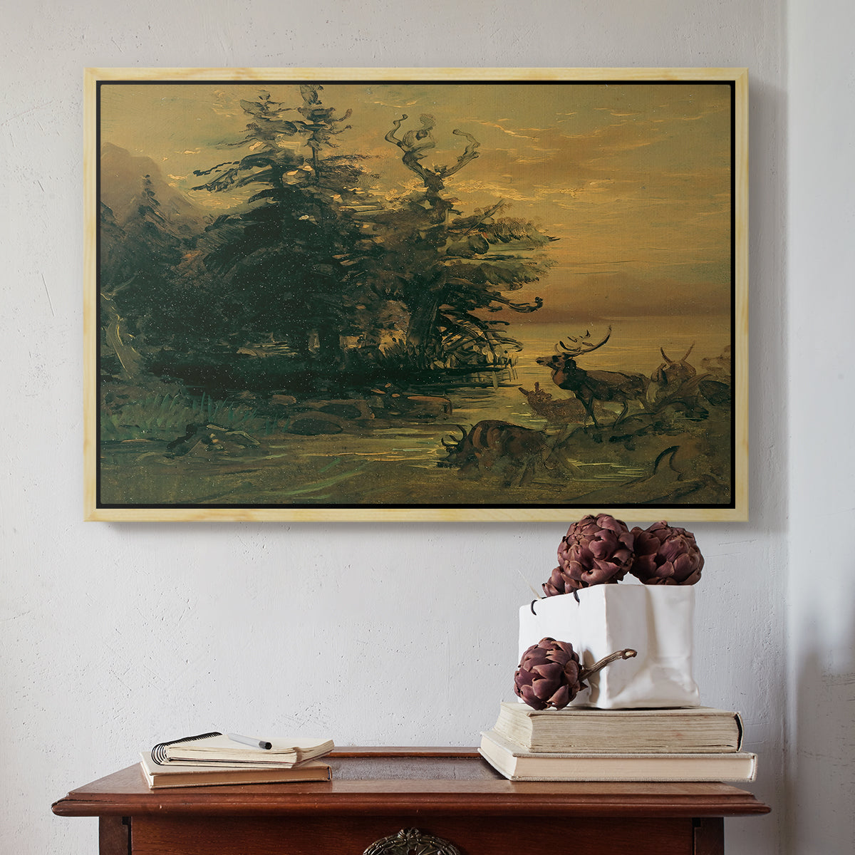 Wallowing Deer on the Shore of a Mountain Lake, c. 1850 - Floater Framed Canvas Print