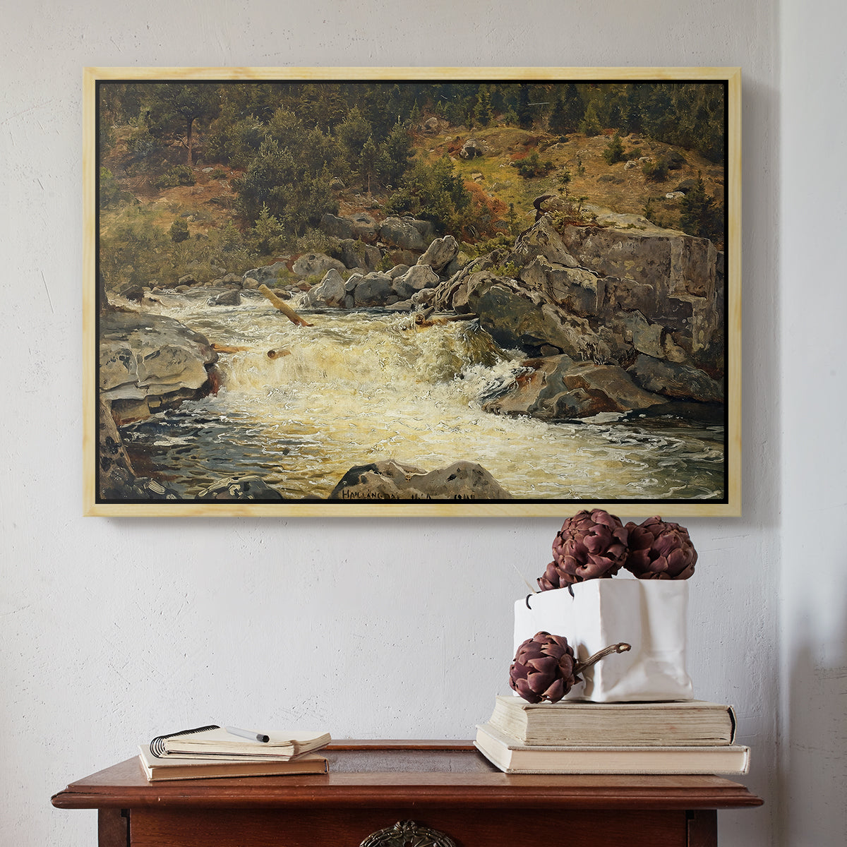 Waterfall in Hallingdal, 1848 - Floater Framed Canvas Print