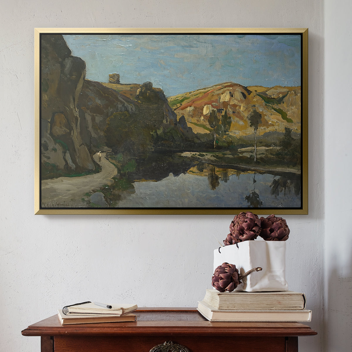 River Landscape with Cliffs, c. 1850-1860 - Floater Framed Canvas Print