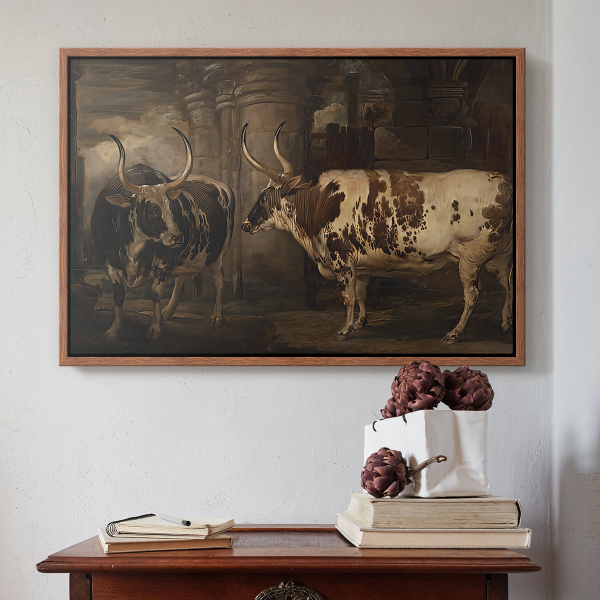 Portraits of Two Extraordinary Oxen, Property of the Earl of Powis, 1814 - Floater Framed Canvas Print
