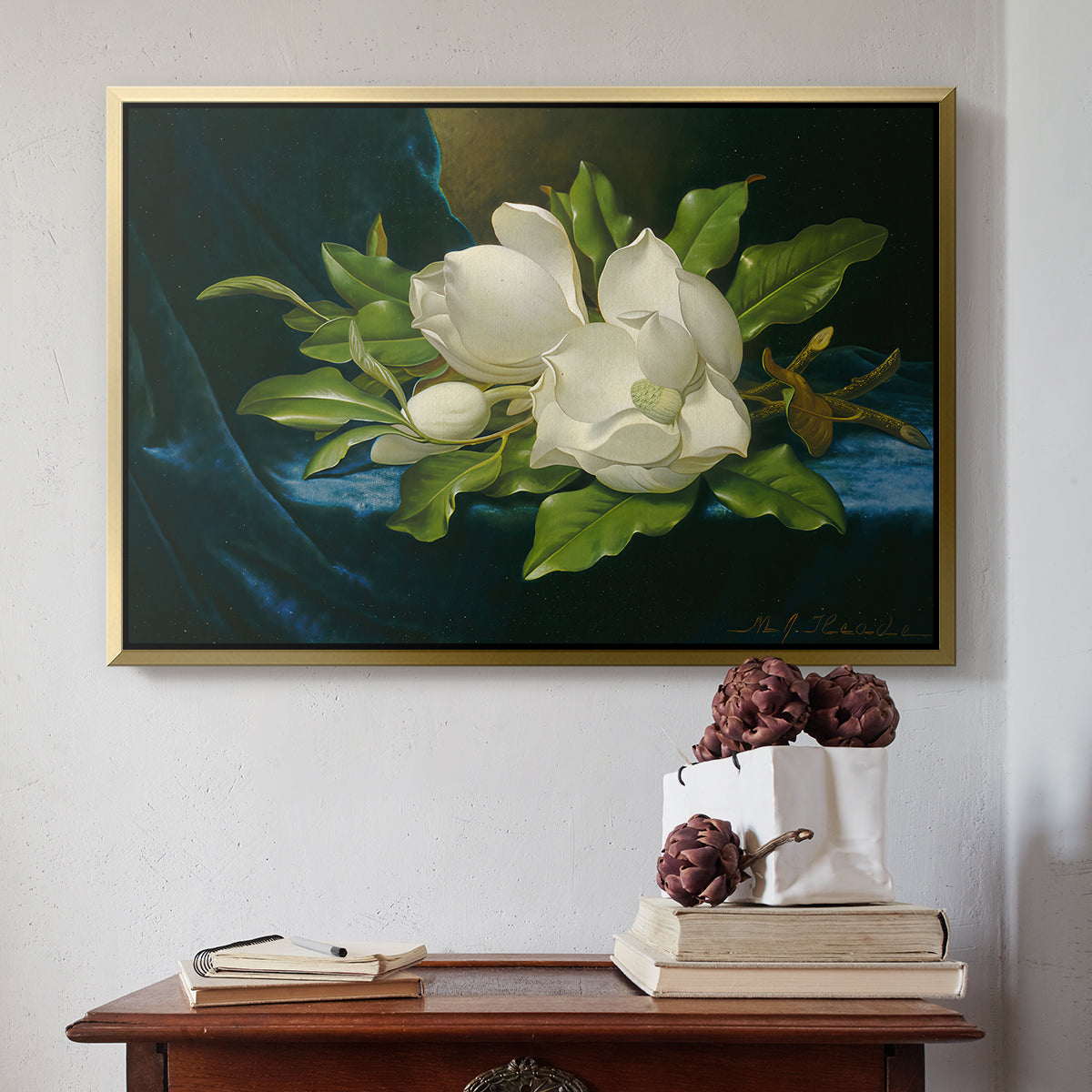 Giant Magnolias on a Blue Velvet Cloth, c. 1890 - Floater Framed Canvas Print