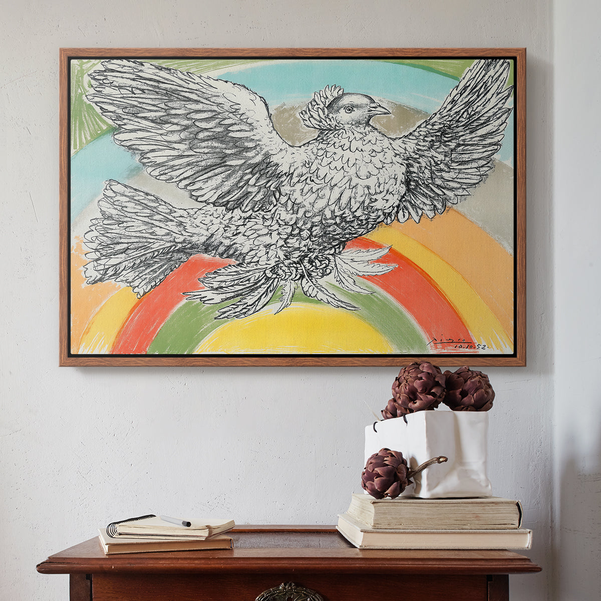Flying Dove with Rainbow (Colombe volant à l'Arc-en-ciel), 1952 - Floater Framed Canvas Print