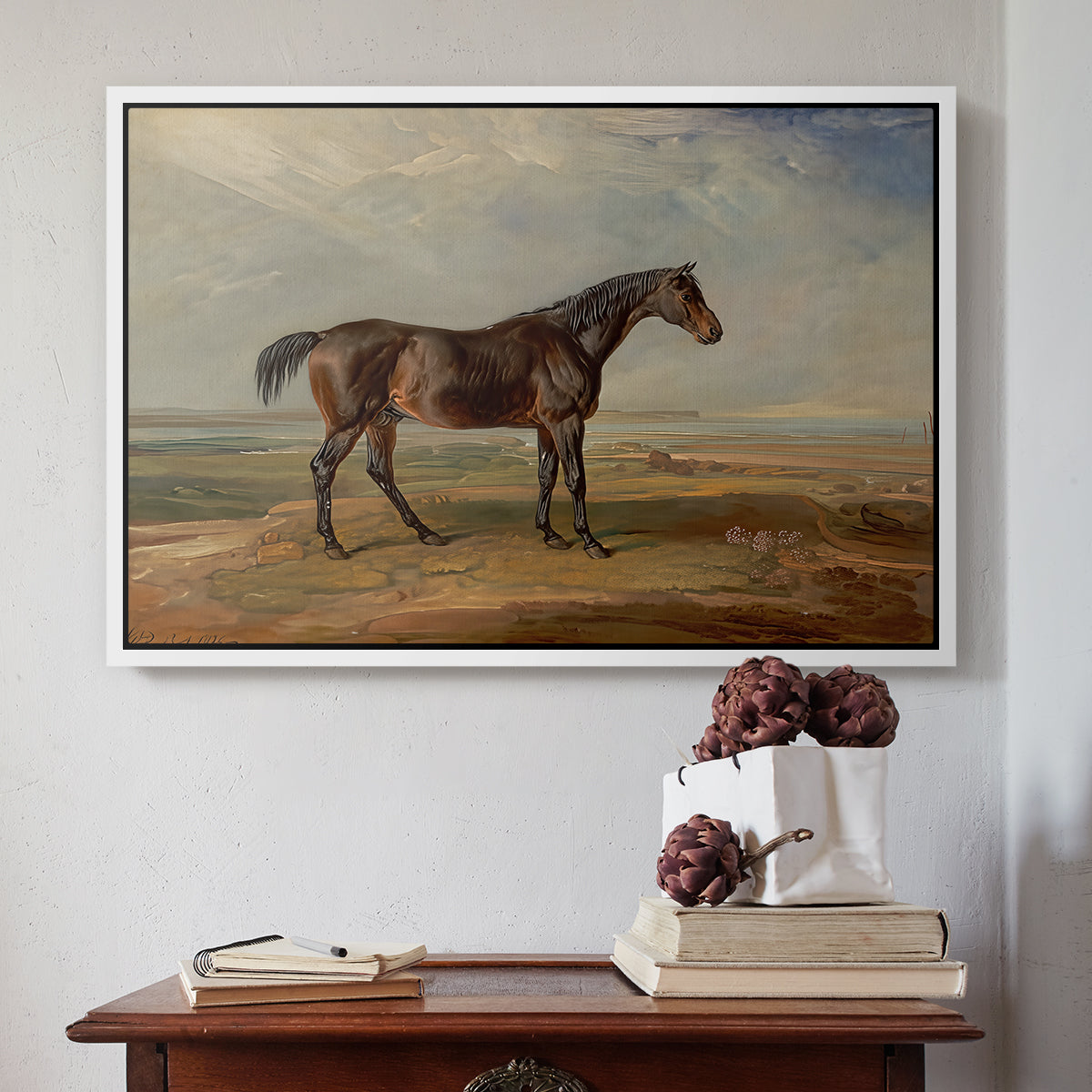 Dr. Syntax, a Bay Racehorse, Standing in a Coastal Landscape, an Estuary Beyond, c. 1820 - Floater Framed Canvas Print