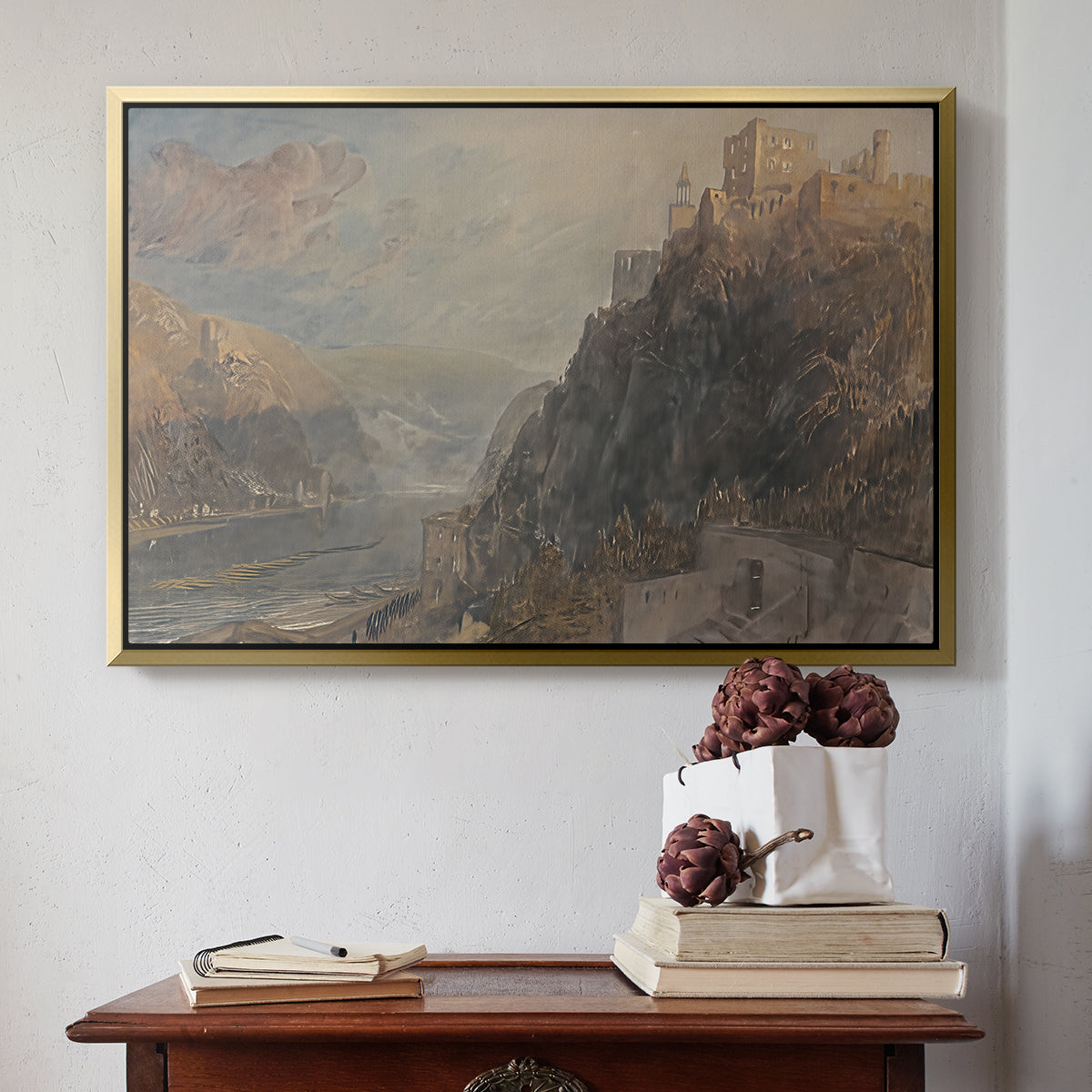 Rheinfels Looking to Katz and Gourhausen, 1817 - Floater Framed Canvas Print