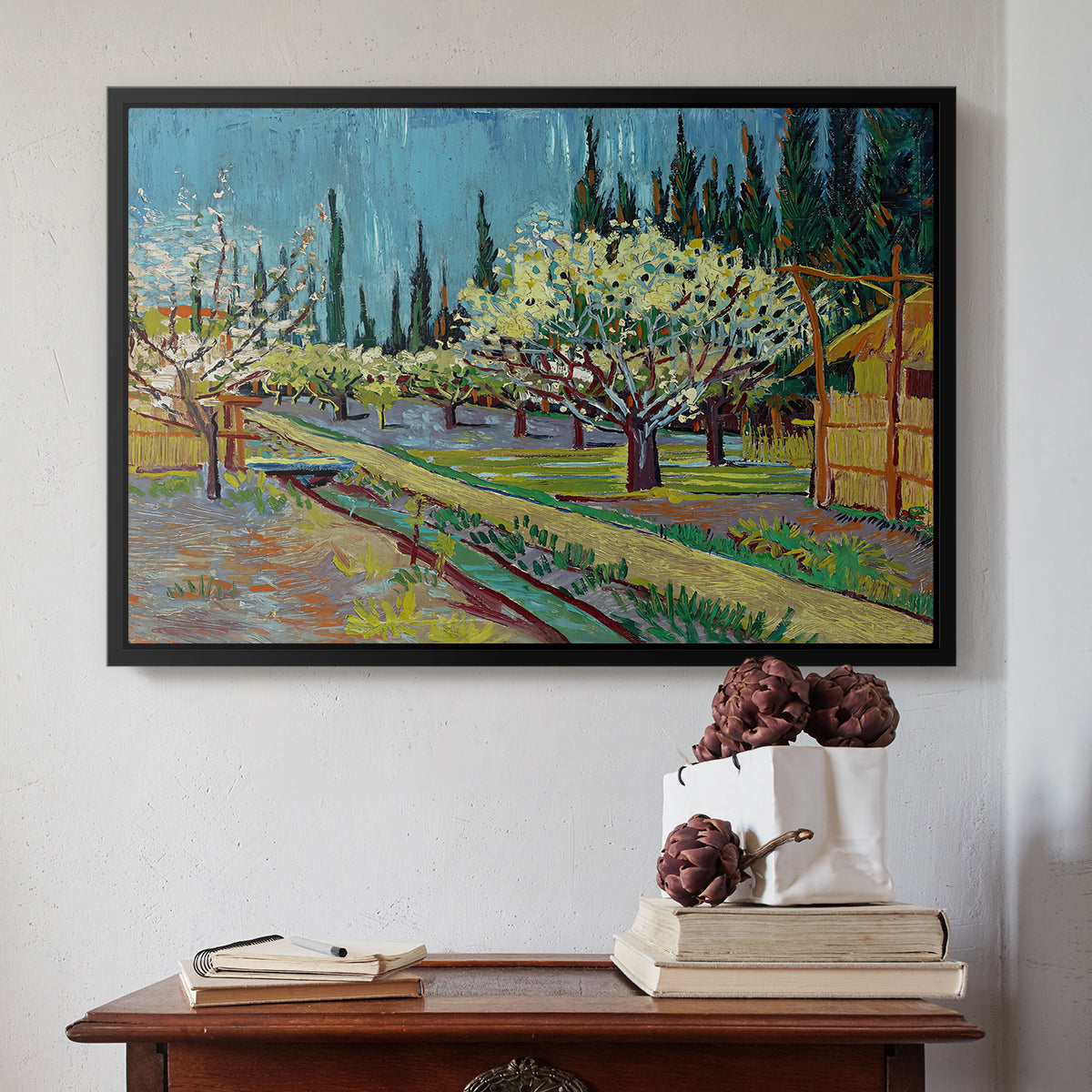 Orchard in Blossom, Bordered by Cypresses, 1888 - Floater Framed Canvas Print