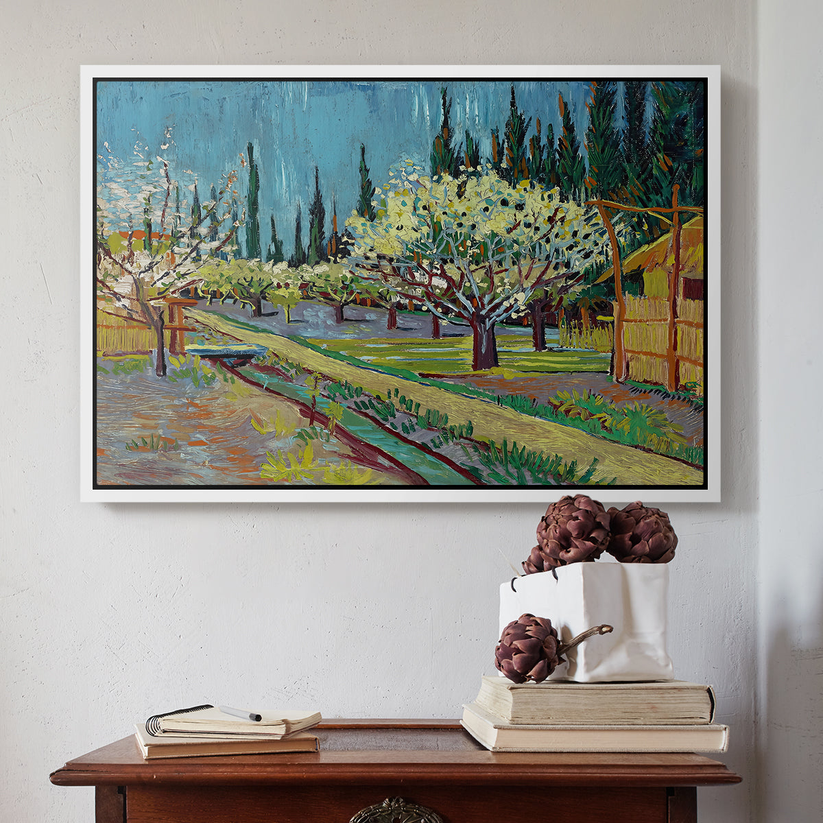 Orchard in Blossom, Bordered by Cypresses, 1888 - Floater Framed Canvas Print