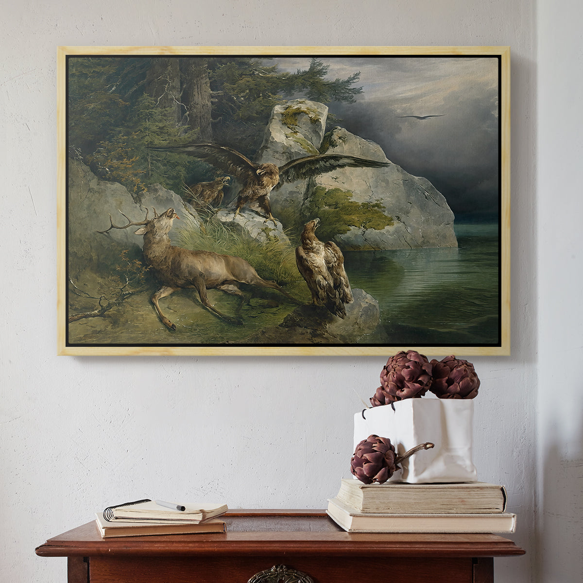 Eagles and Dying Stag on a Lakeshore, 1836 - Floater Framed Canvas Print