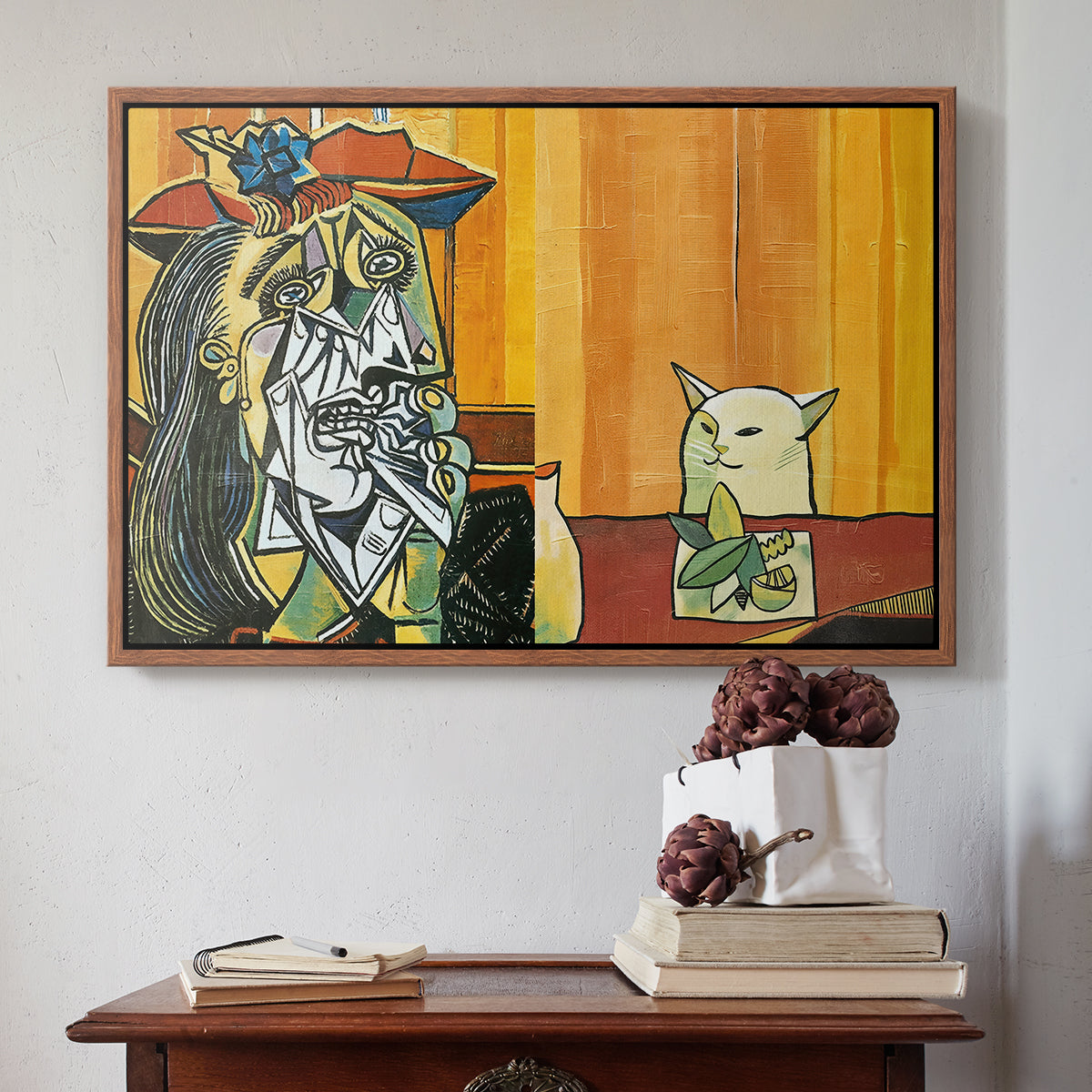 Woman Yelling at a Cat Meme (Picasso Parody) - Floater Framed Canvas Print
