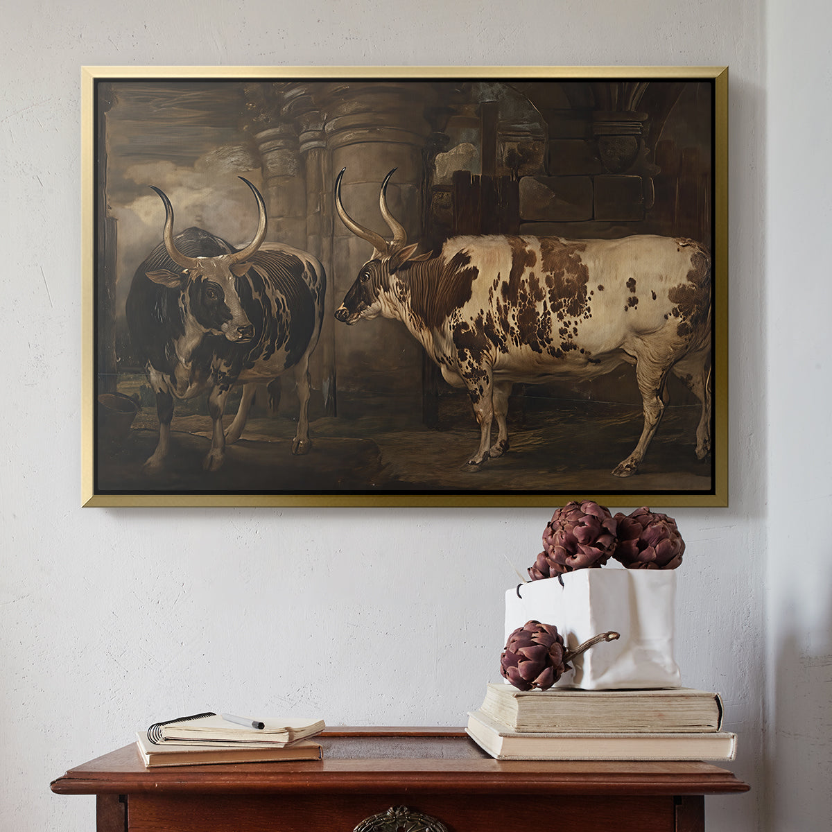 Portraits of Two Extraordinary Oxen, Property of the Earl of Powis, 1814 - Floater Framed Canvas Print