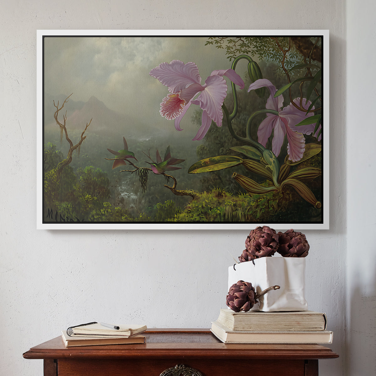 Two Sun Angel Hummingbirds on a Branch, c. 1890-1904 - Floater Framed Canvas Print