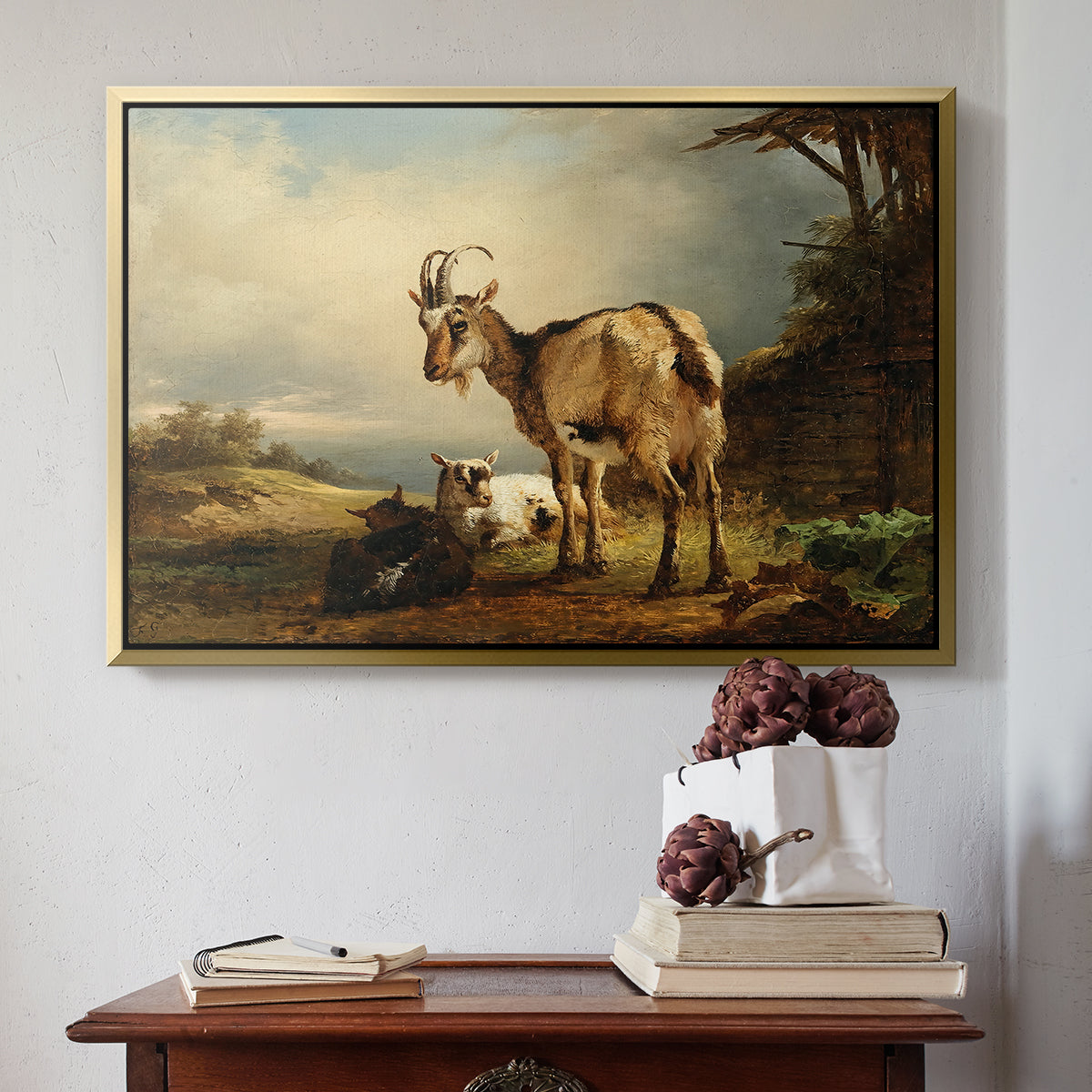 A Goat with Two Kids - Floater Framed Canvas Print