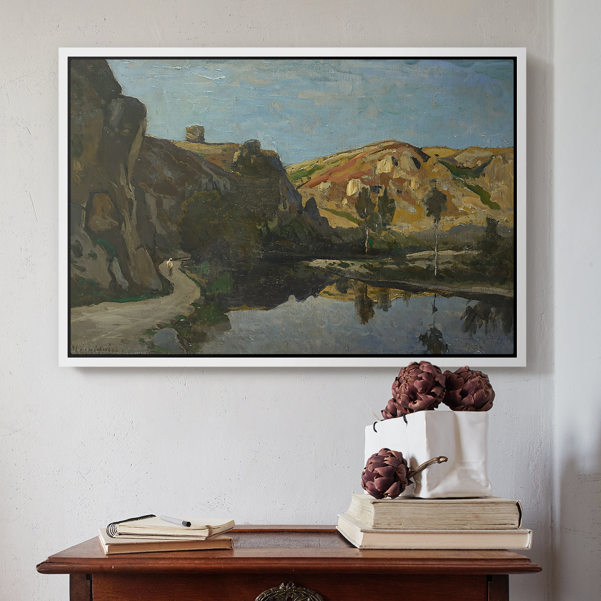 River Landscape with Cliffs, c. 1850-1860 - Floater Framed Canvas Print