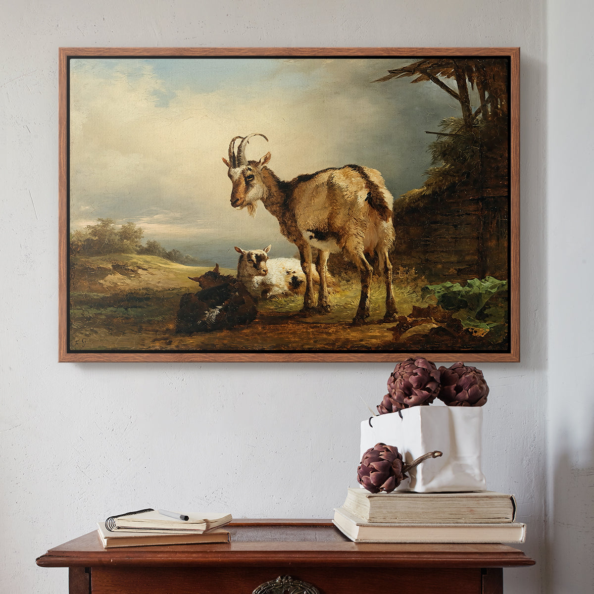 A Goat with Two Kids - Floater Framed Canvas Print