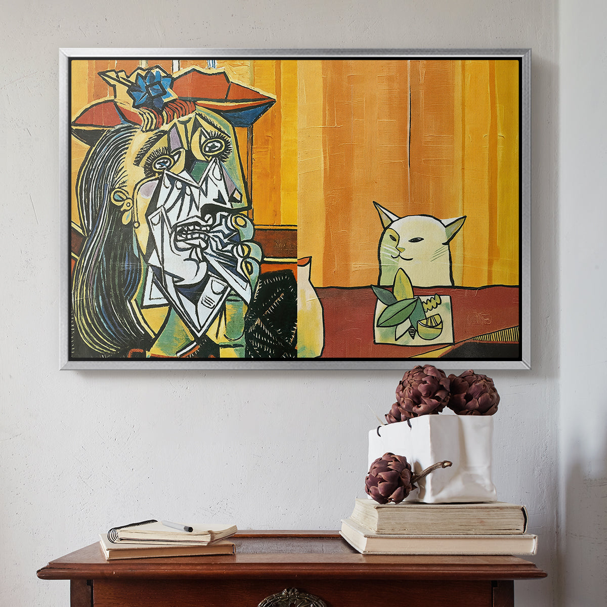 Woman Yelling at a Cat Meme (Picasso Parody) - Floater Framed Canvas Print