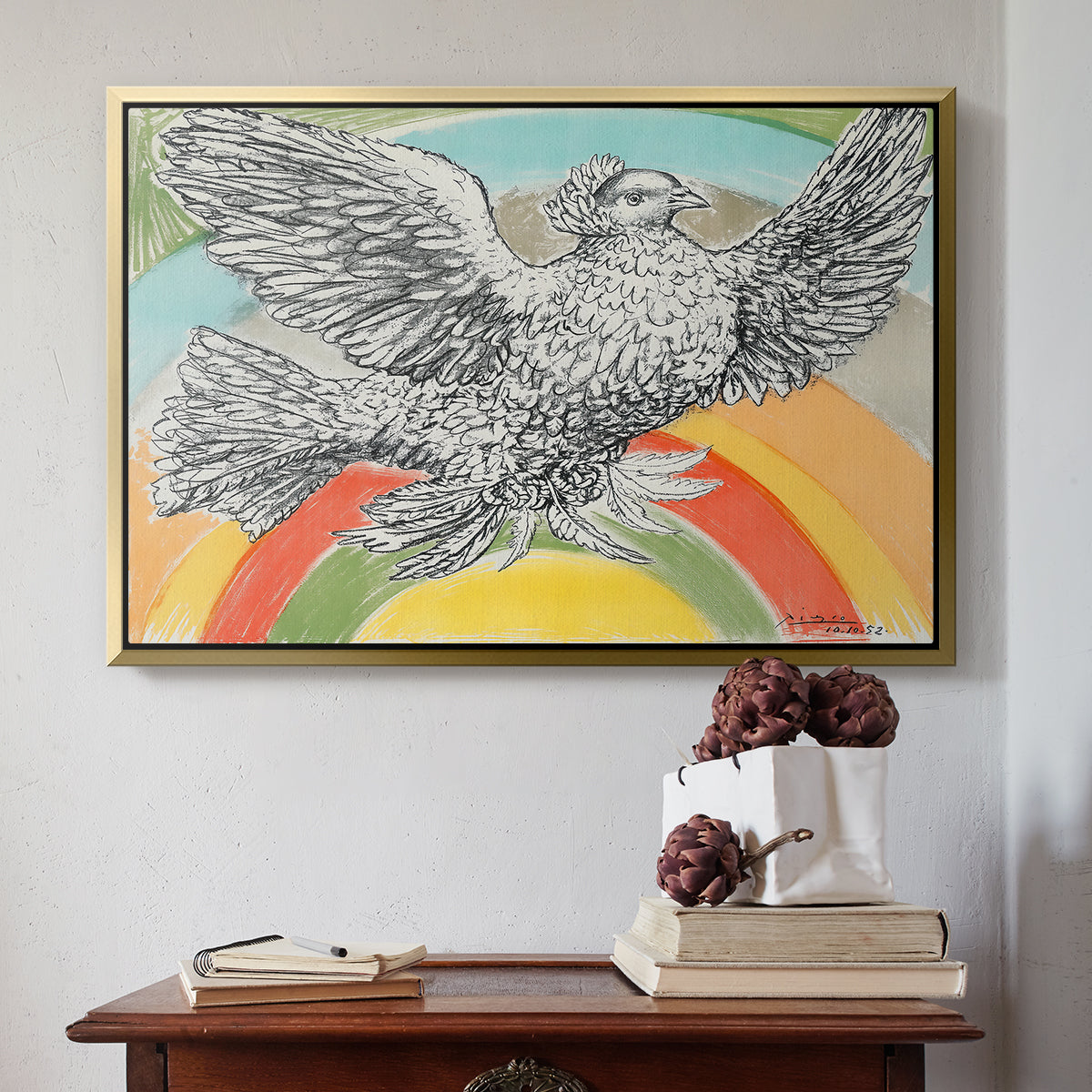 Flying Dove with Rainbow (Colombe volant à l'Arc-en-ciel), 1952 - Floater Framed Canvas Print