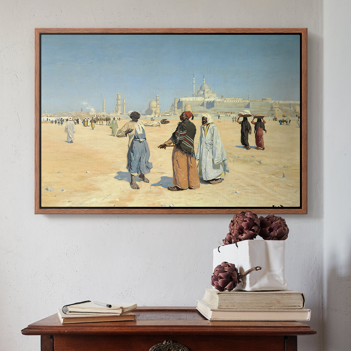 View from the Desert of Cairo with Citadel and Mamluk Tombs in the Background, c. 1889-1890 - Floater Framed Canvas Print