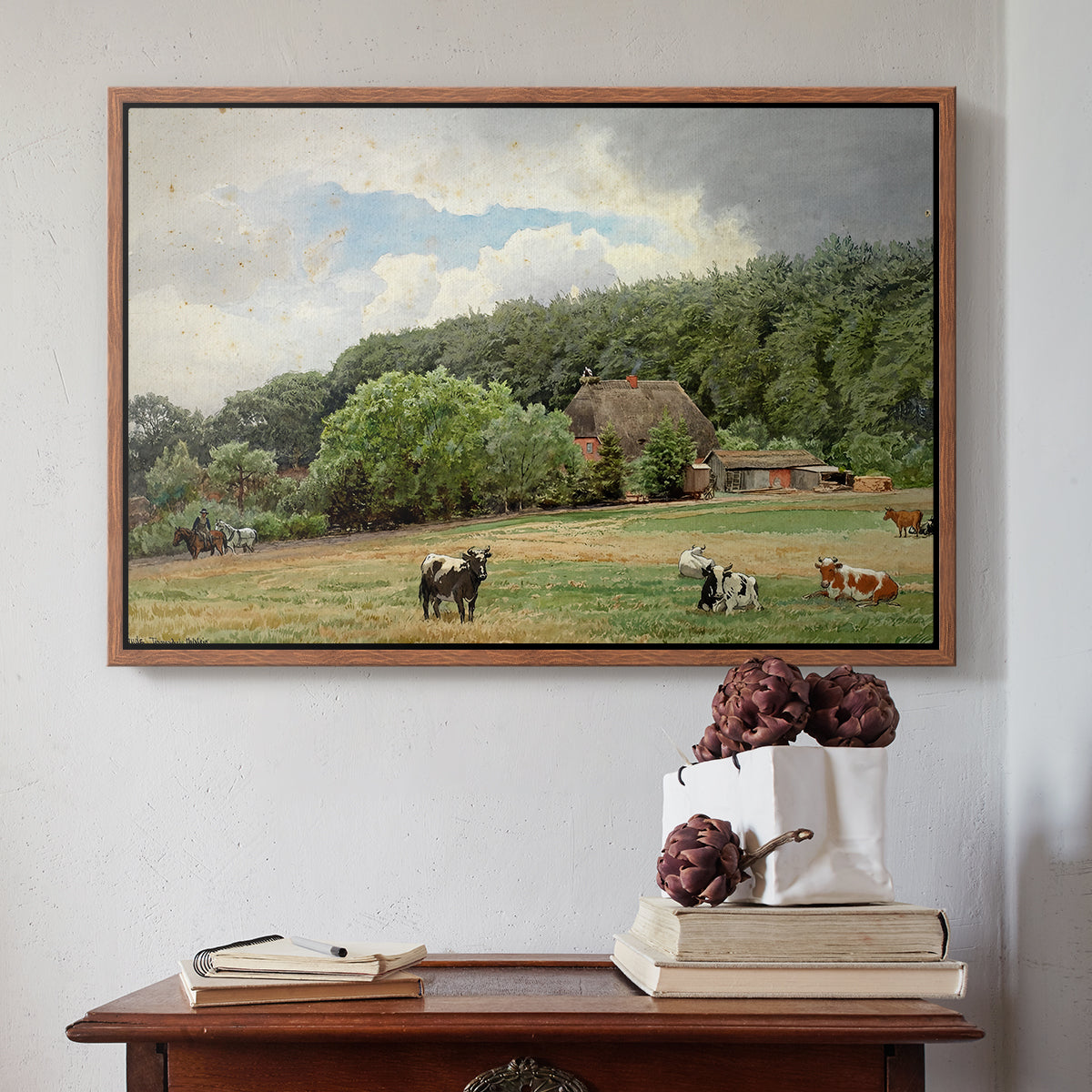 Farm with Grazing Cows (Bondegård med beitende kuer), 1892 - Floater Framed Canvas Print