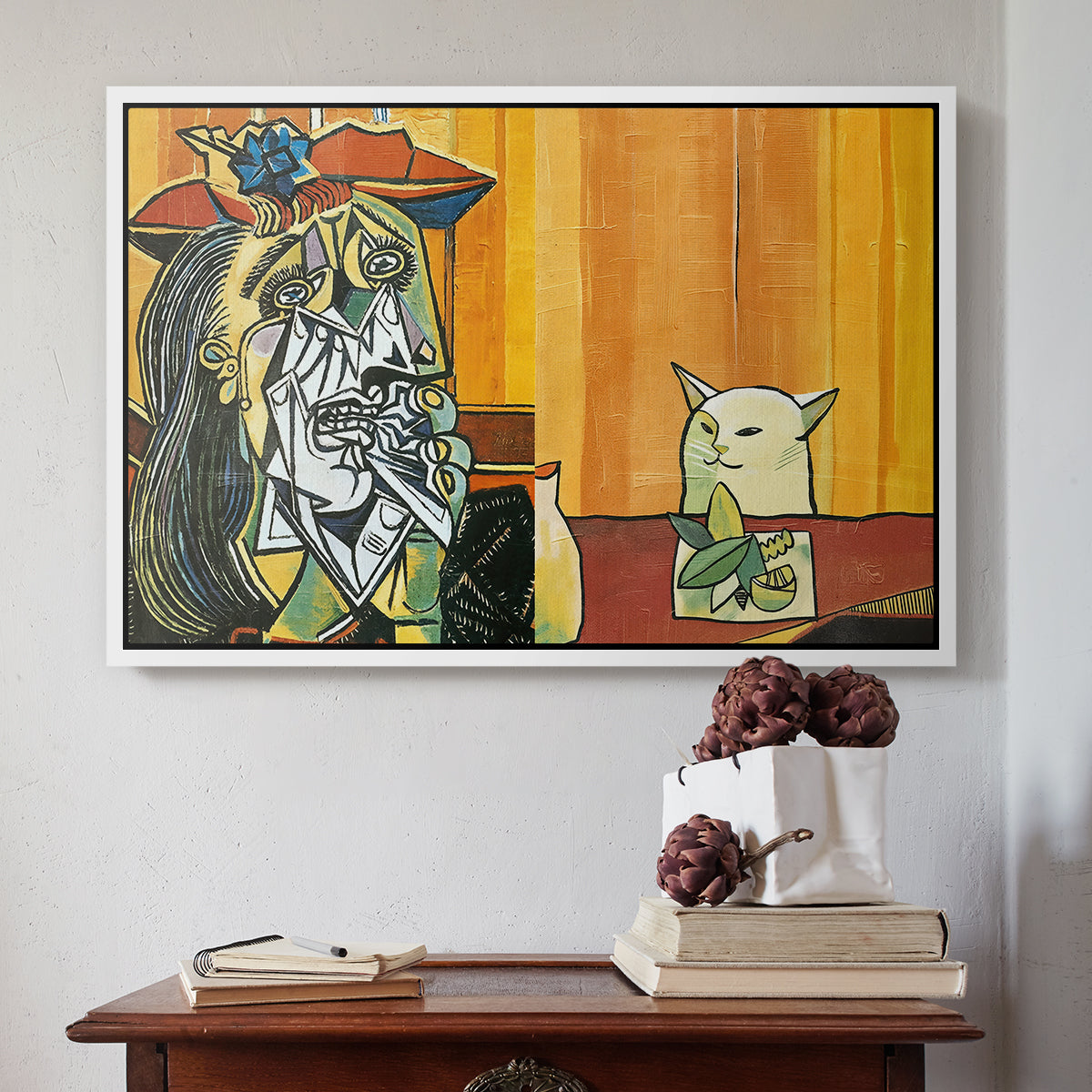 Woman Yelling at a Cat Meme (Picasso Parody) - Floater Framed Canvas Print