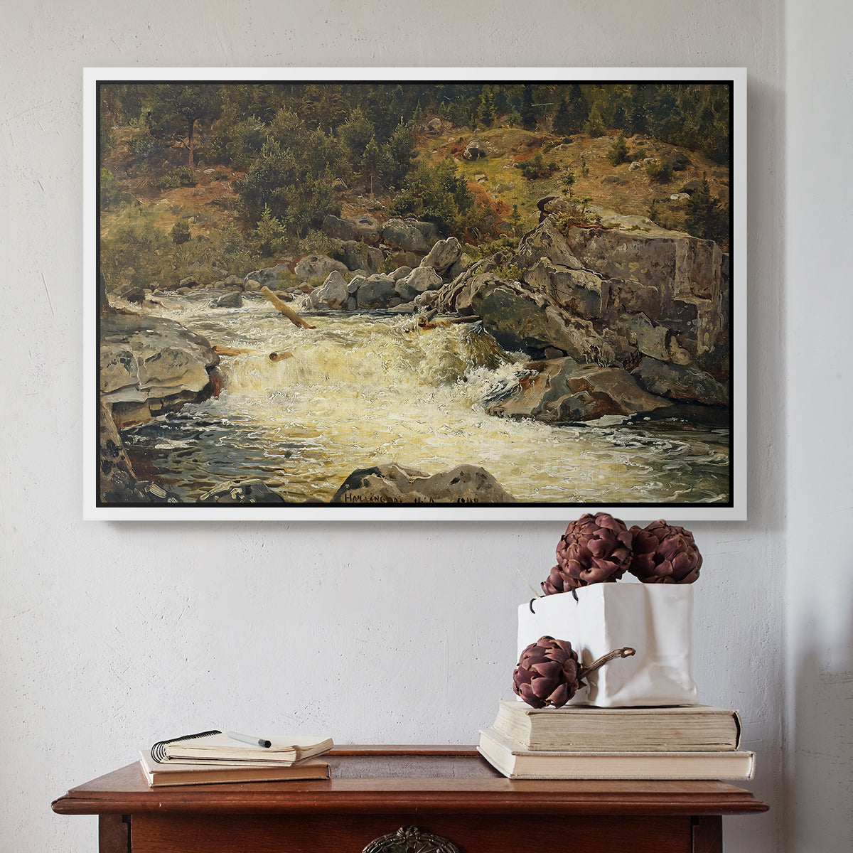 Waterfall in Hallingdal, 1848 - Floater Framed Canvas Print