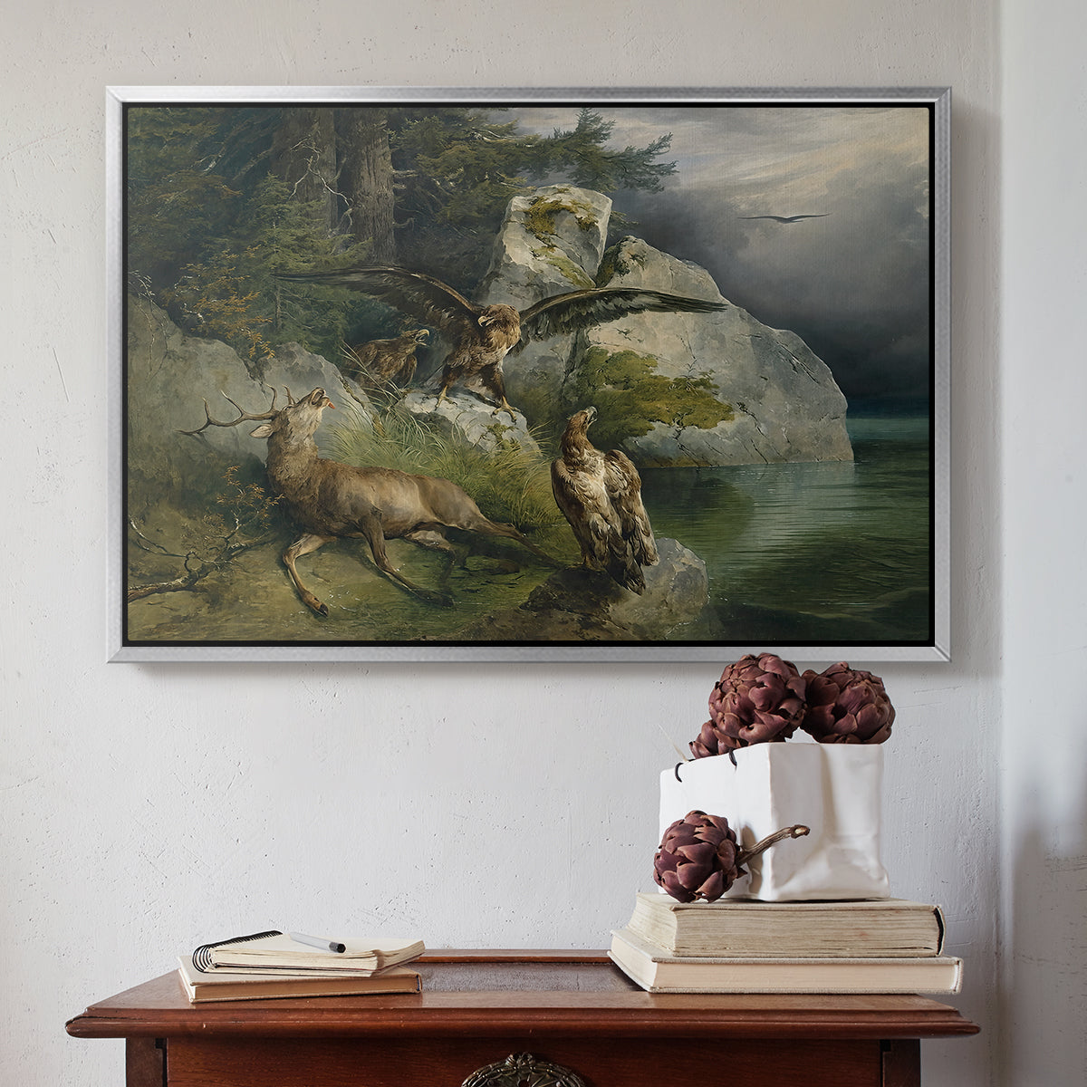 Eagles and Dying Stag on a Lakeshore, 1836 - Floater Framed Canvas Print