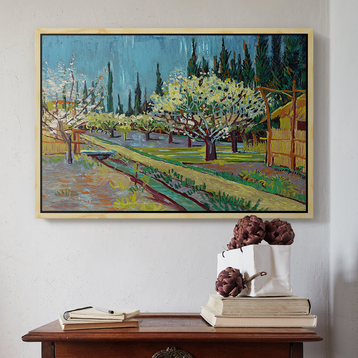 Orchard in Blossom, Bordered by Cypresses, 1888 - Floater Framed Canvas Print
