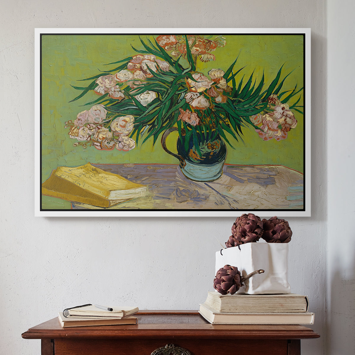 Vase with Oleanders and Books, 1888 - Floater Framed Canvas Print