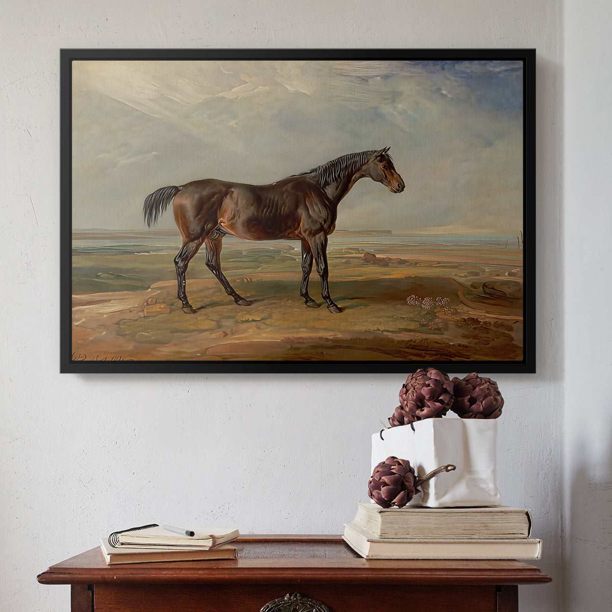 Dr. Syntax, a Bay Racehorse, Standing in a Coastal Landscape, an Estuary Beyond, c. 1820 - Floater Framed Canvas Print