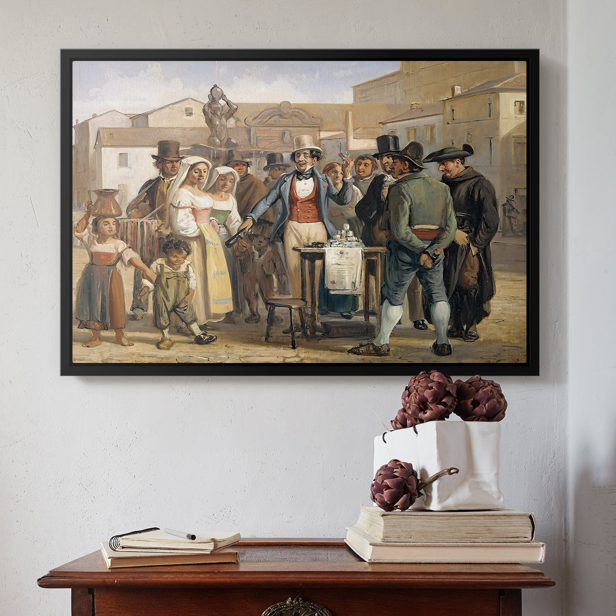 A Charlatan Selling Blacking in the Piazza Barberini in Rome, c. 1840-1849 - Floater Framed Canvas Print