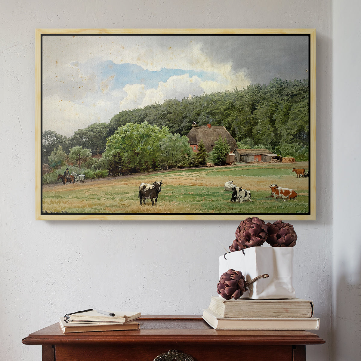 Farm with Grazing Cows (Bondegård med beitende kuer), 1892 - Floater Framed Canvas Print