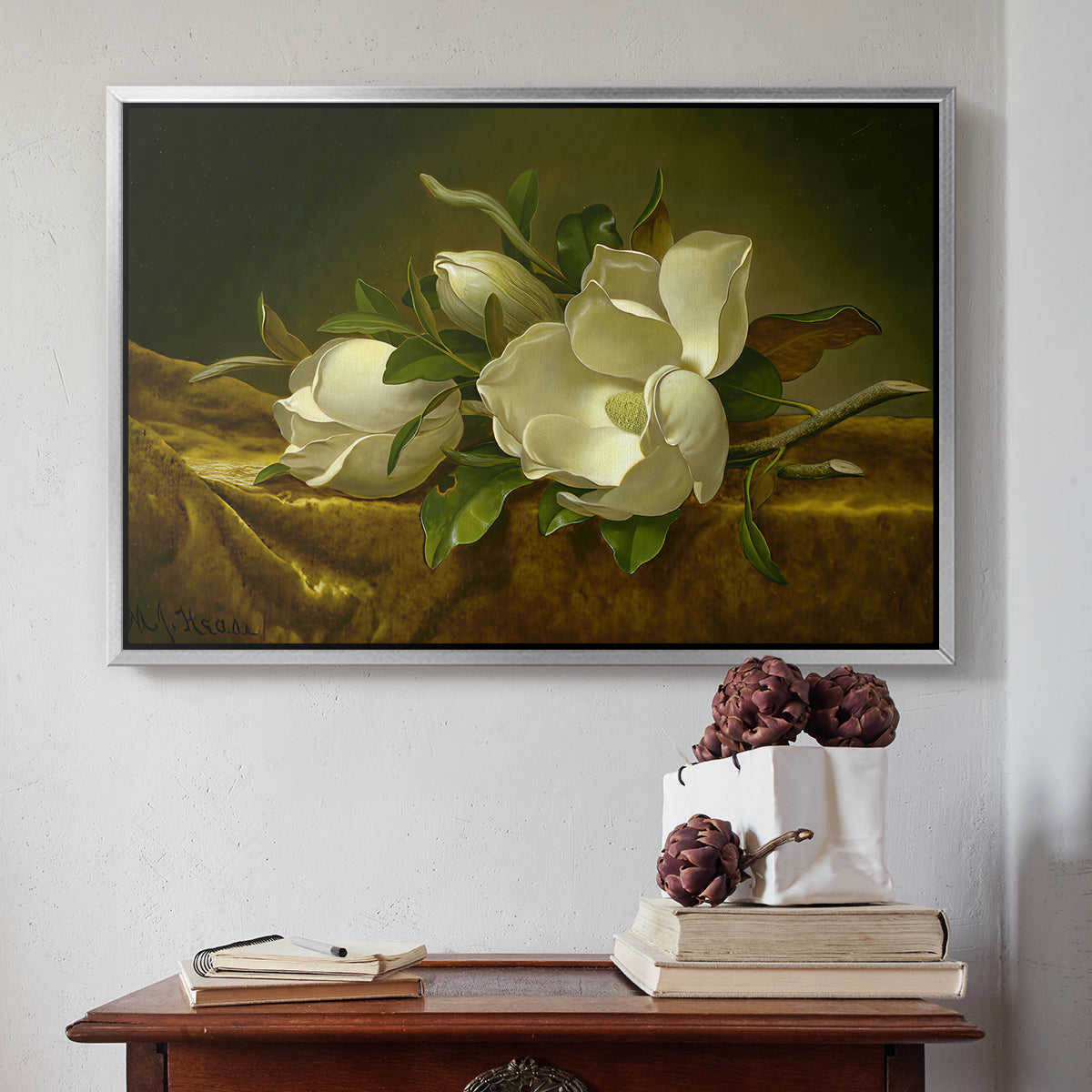 Magnolias on Gold Velvet Cloth, c. 1888-1890 - Floater Framed Canvas Print