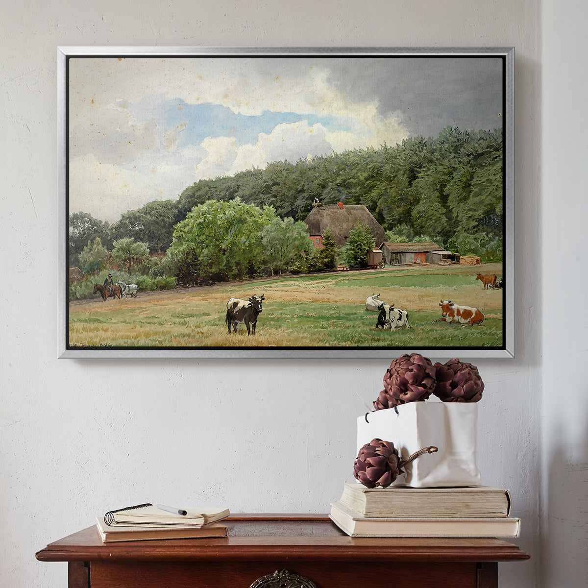 Farm with Grazing Cows (Bondegård med beitende kuer), 1892 - Floater Framed Canvas Print