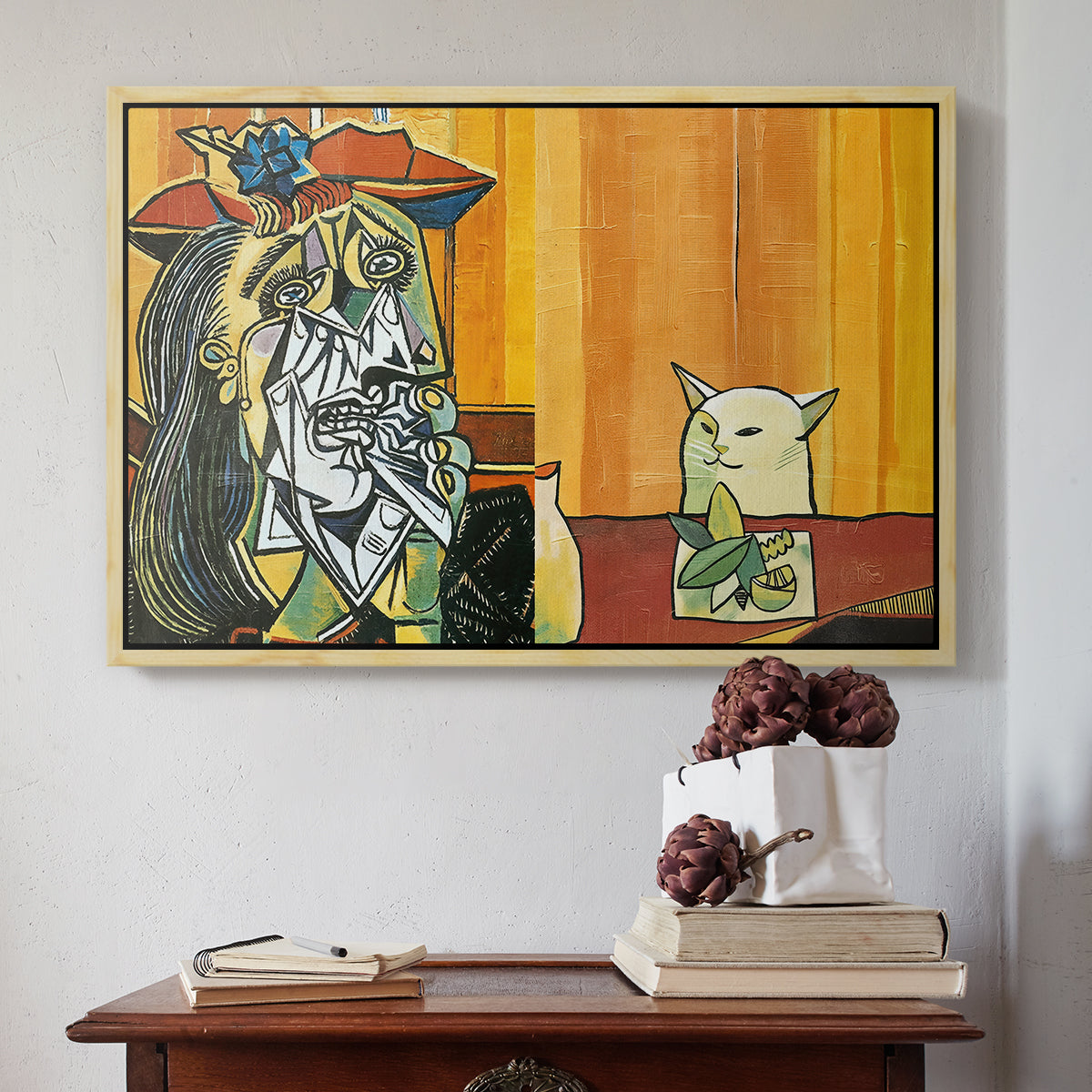 Woman Yelling at a Cat Meme (Picasso Parody) - Floater Framed Canvas Print
