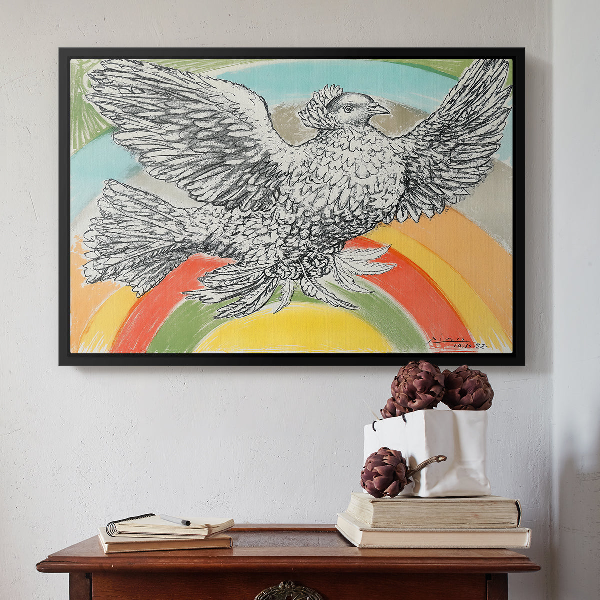 Flying Dove with Rainbow (Colombe volant à l'Arc-en-ciel), 1952 - Floater Framed Canvas Print