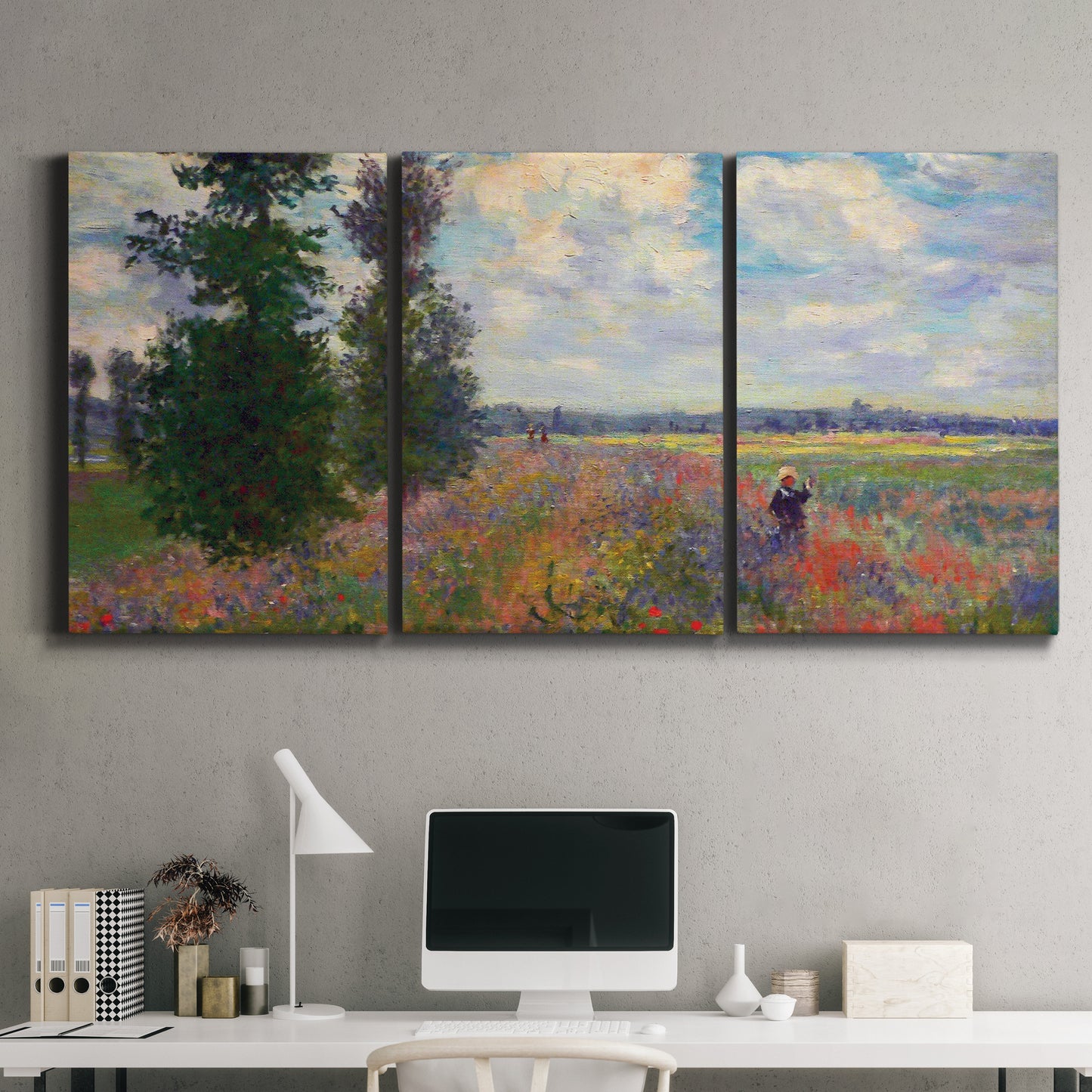 Three-panel canvas wall art featuring poppy field in open countryside, displayed above a desk in a home office.