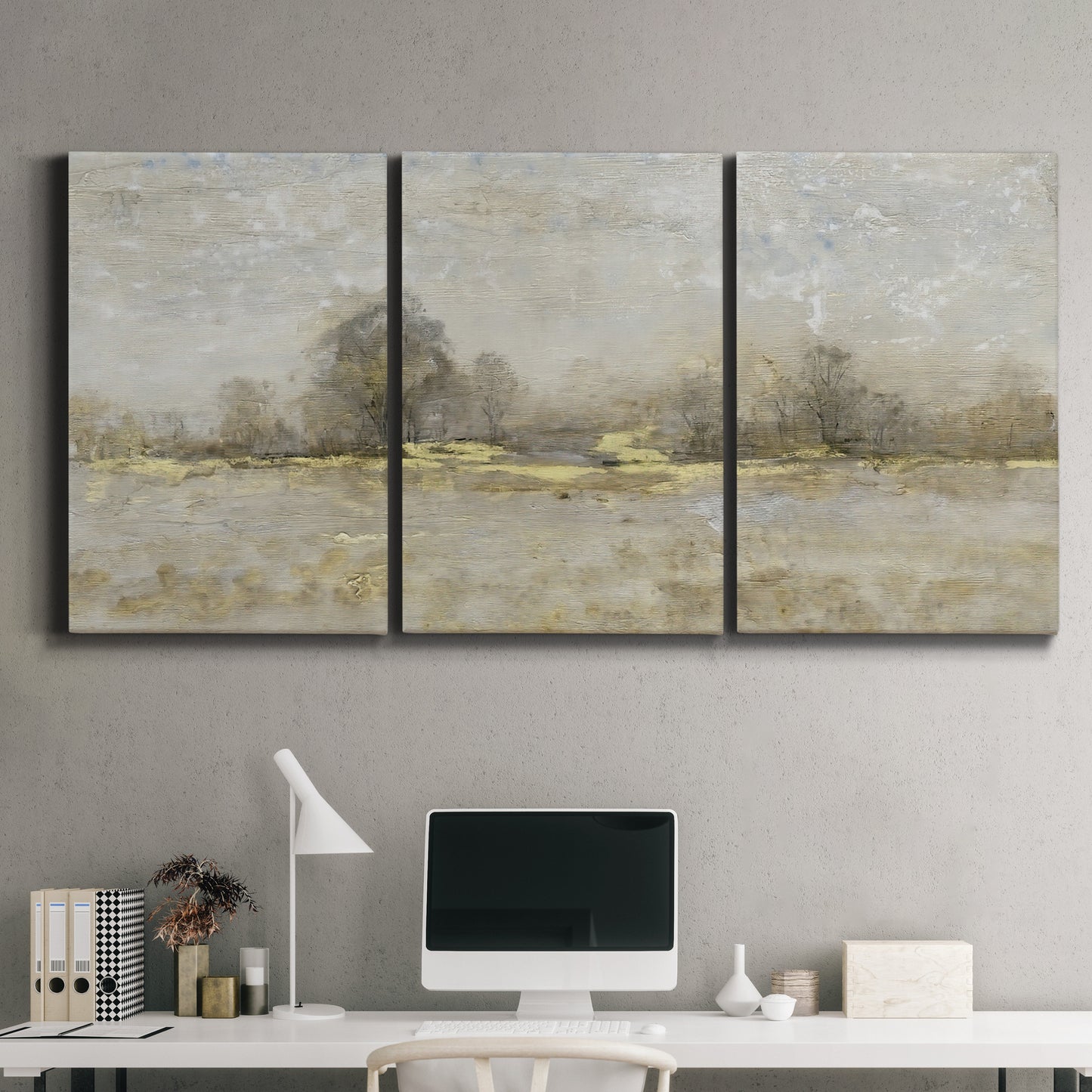 Three-panel canvas wall art featuring late season rural harvest fields, displayed above a desk in a home office.